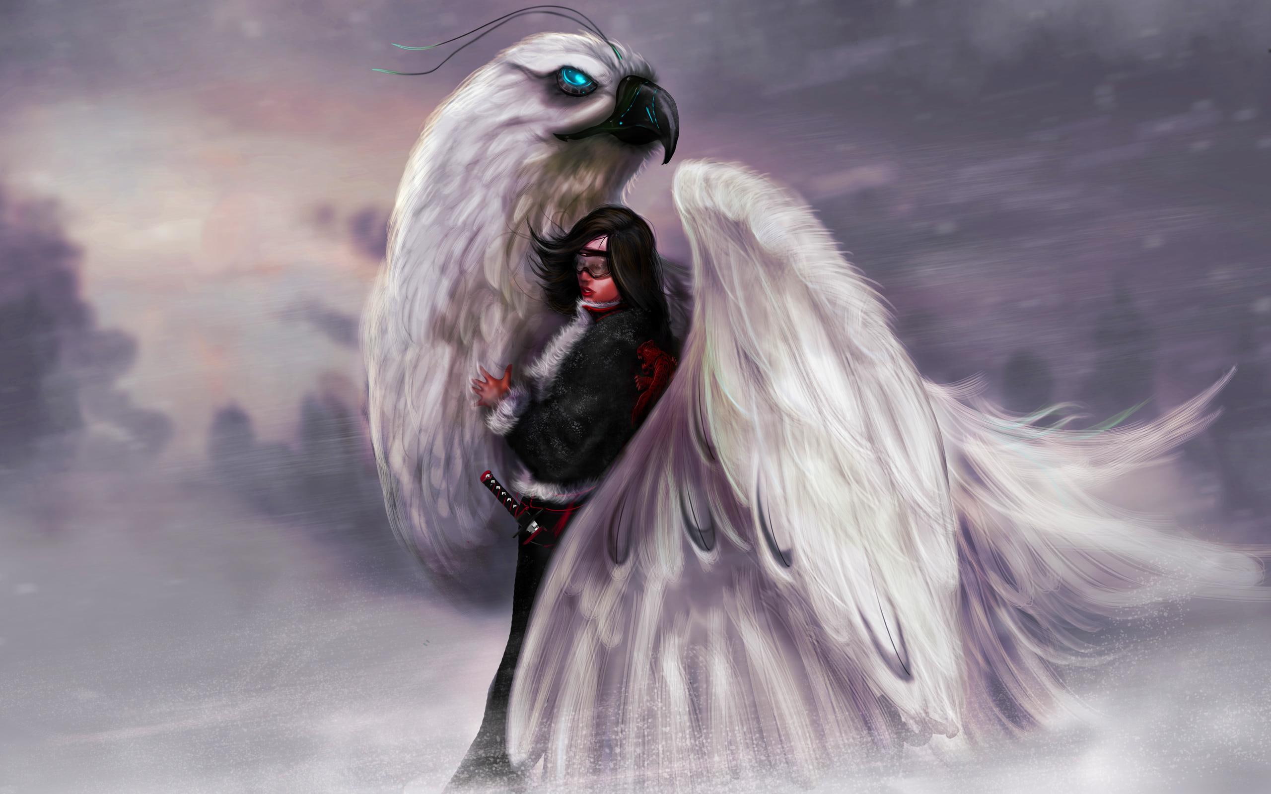 2K, beside, huge, gryffon, refuge, man, women, sword, artwork, bird, 3d and abstract, snow, fantasy, HD Wallpaper
