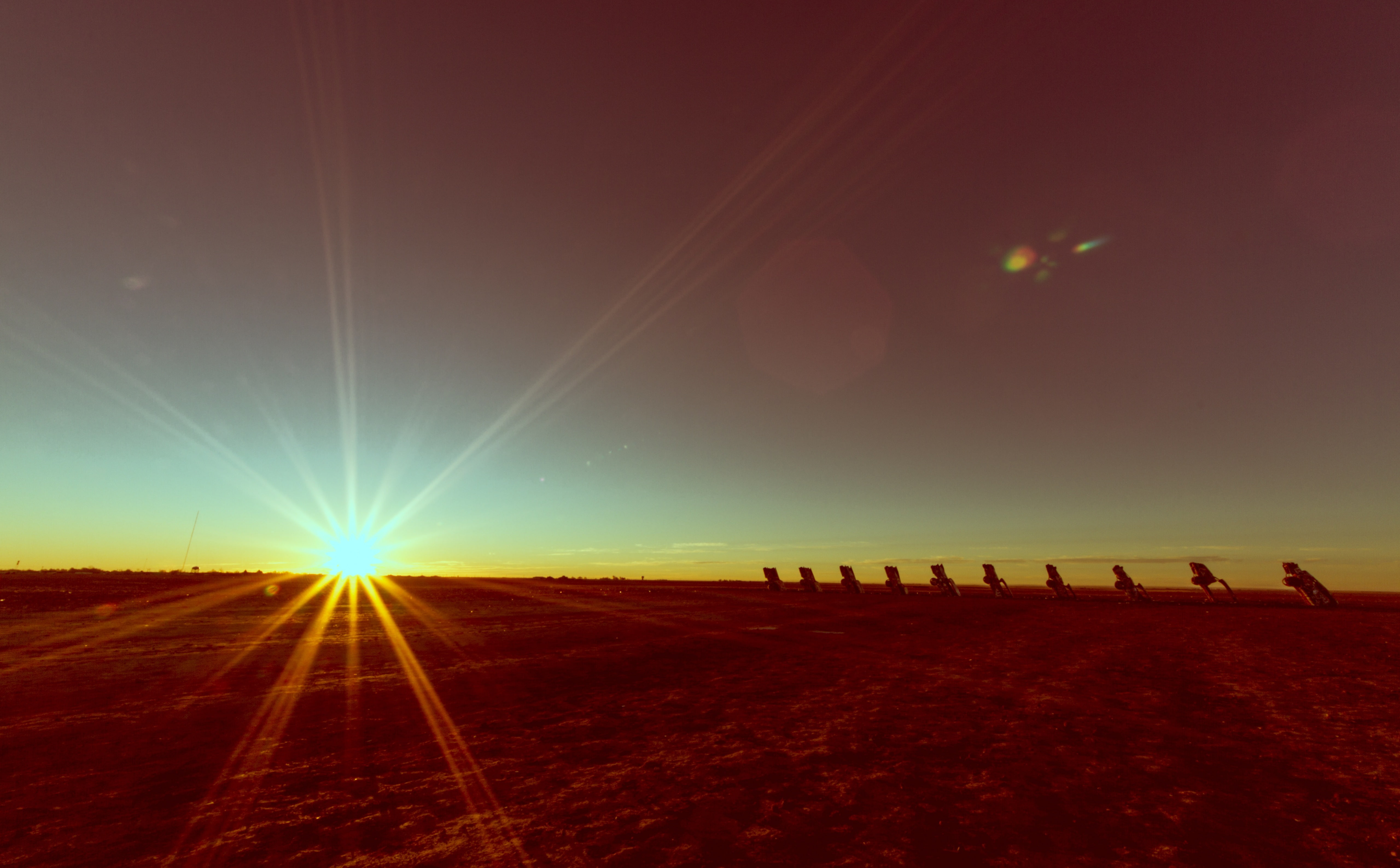 cadillacranch, Landscape, lens flare, starburst, Texas, road, ranch, Nature, Field, transportation, Morning, horizon, silhouette, amarillo, Sunrise, brown, HD Wallpaper