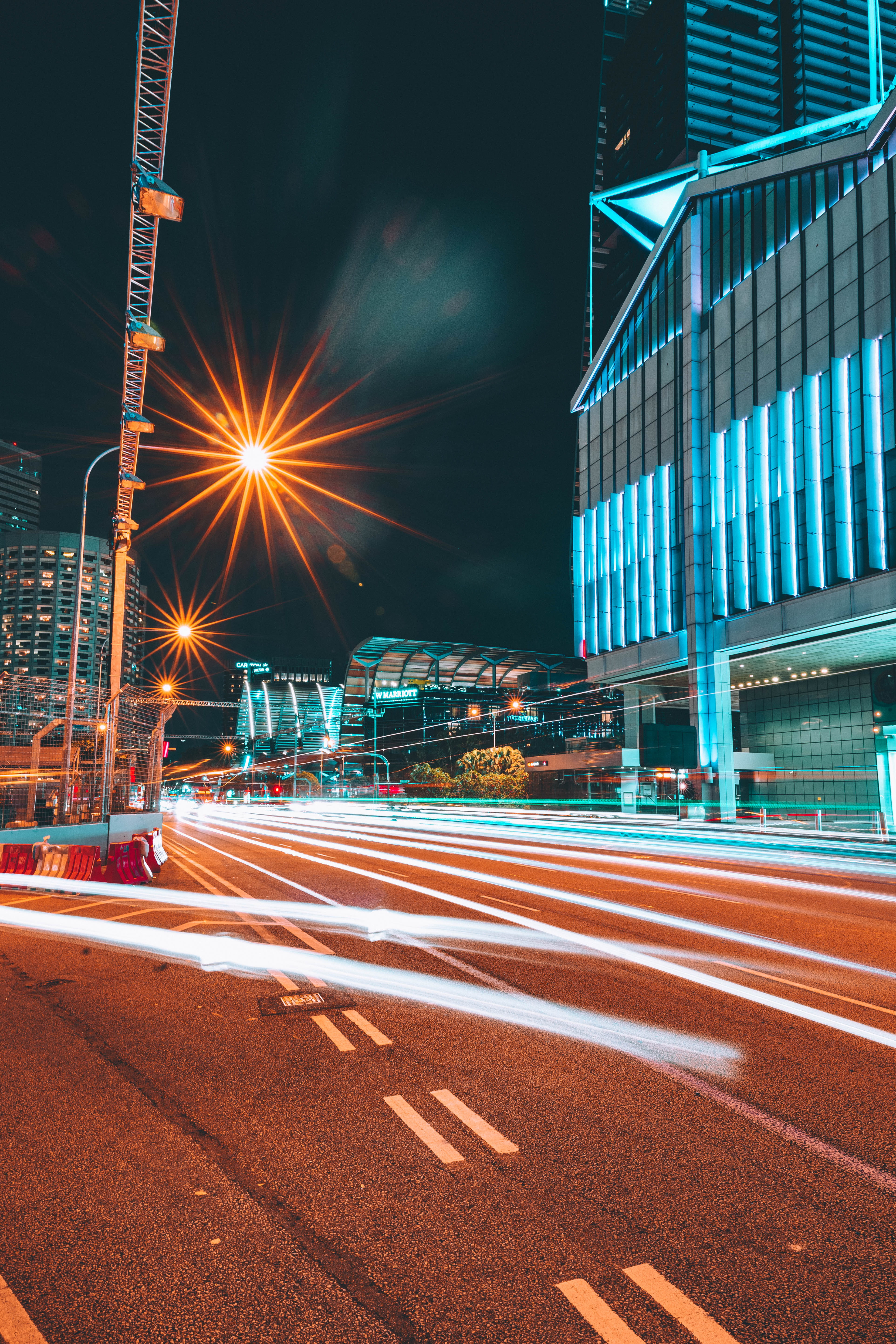 light trail, skyscraper, street, asphalt, road, travel destinations, time, lapse, city, outdoors, brown, night, starburst, 5K, built structure, office building exterior, Phone HD Wallpaper