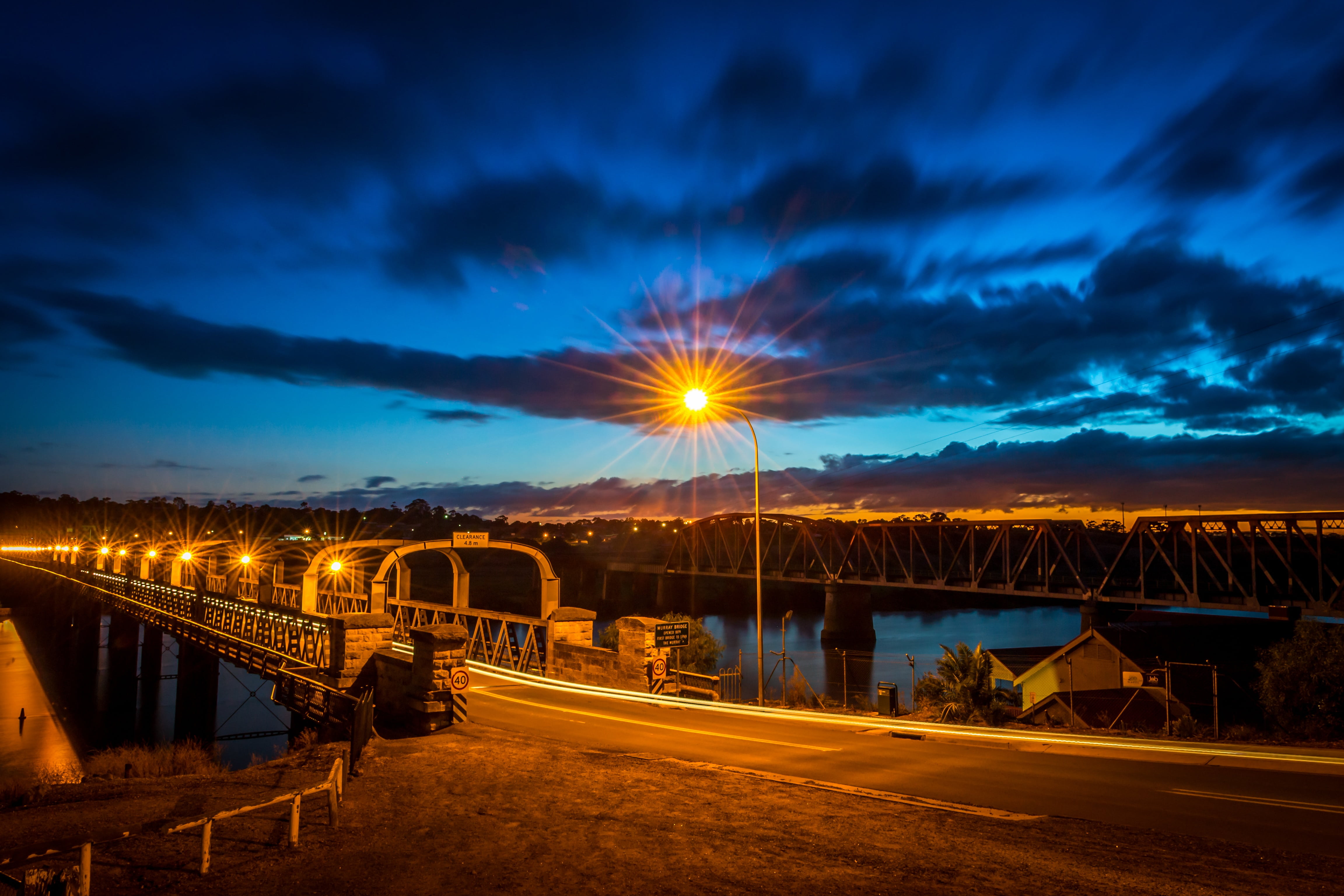 sunset, road, rail transportation, night, street, building exterior, bridge, river, street light, built structure, nature, sky, transportation, bridge - man made structure, HD Wallpaper