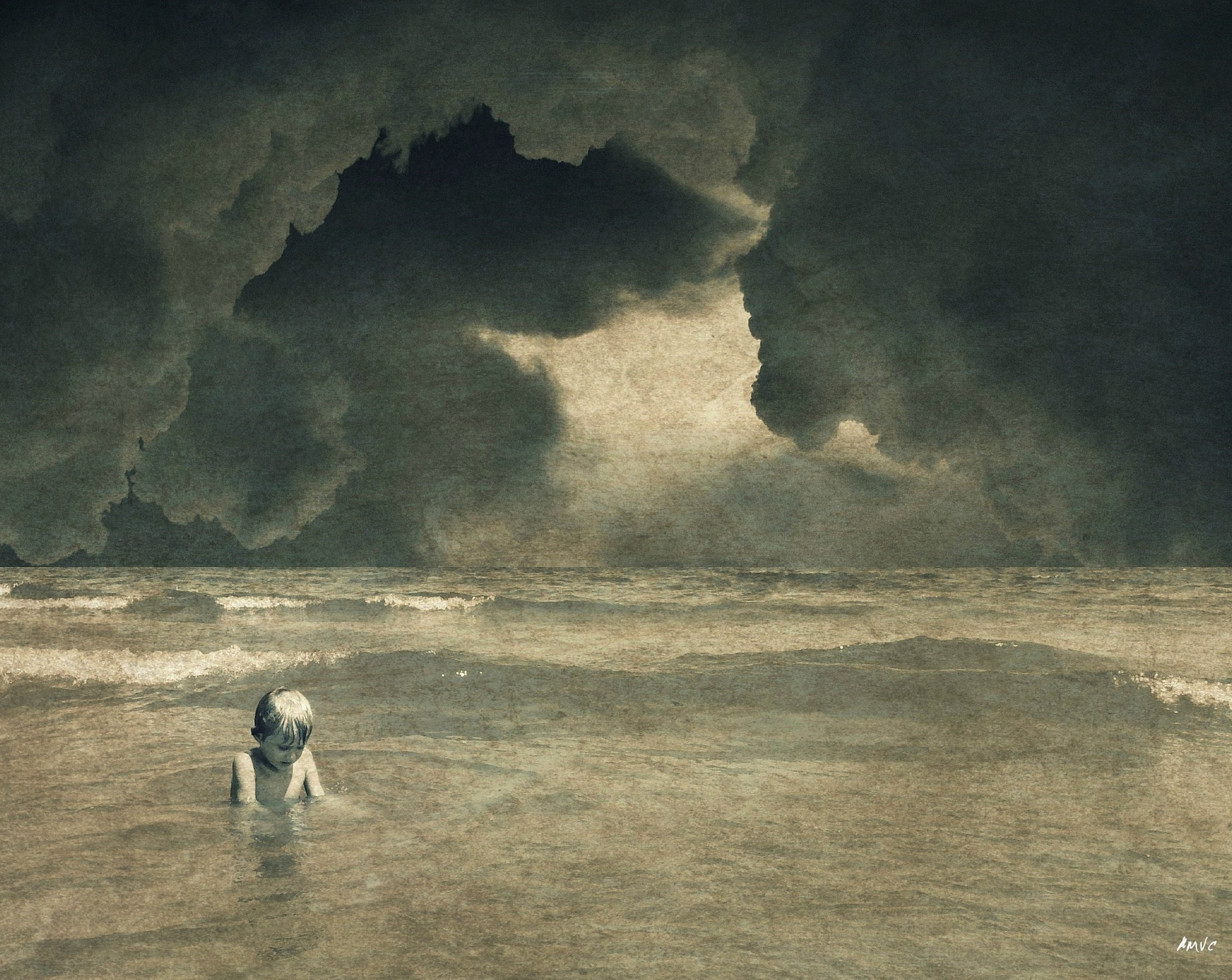 1080P, mistery, Angelo Vitiello, children, clouds, sea, HD Wallpaper