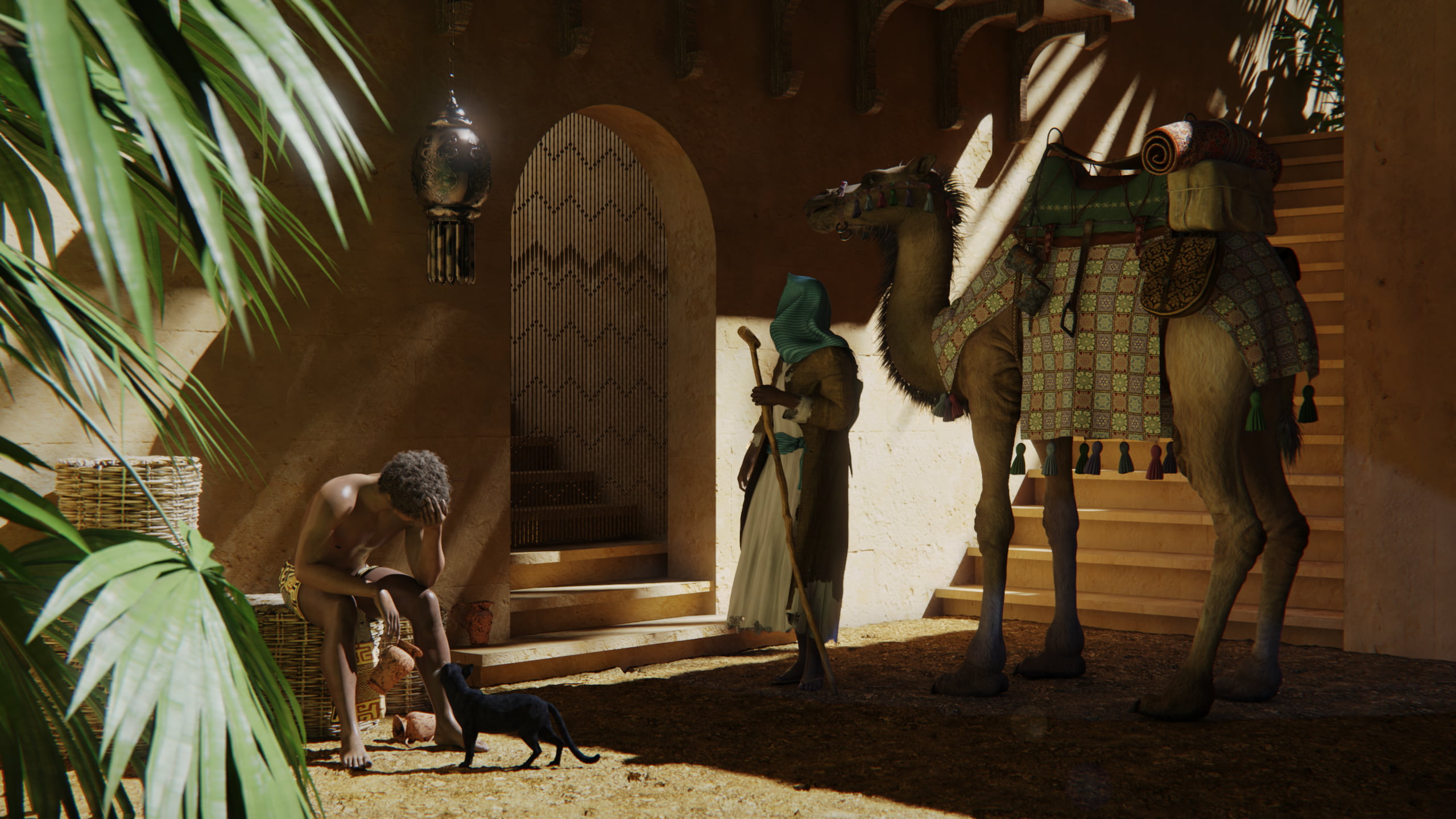 2K, town, 3D graphics, camel ride, palm trees, shadow, cats, robes, CGI, plants, stairs, mistery, Africa, drunk, camels, desert, Middle East, staircase, HD Wallpaper