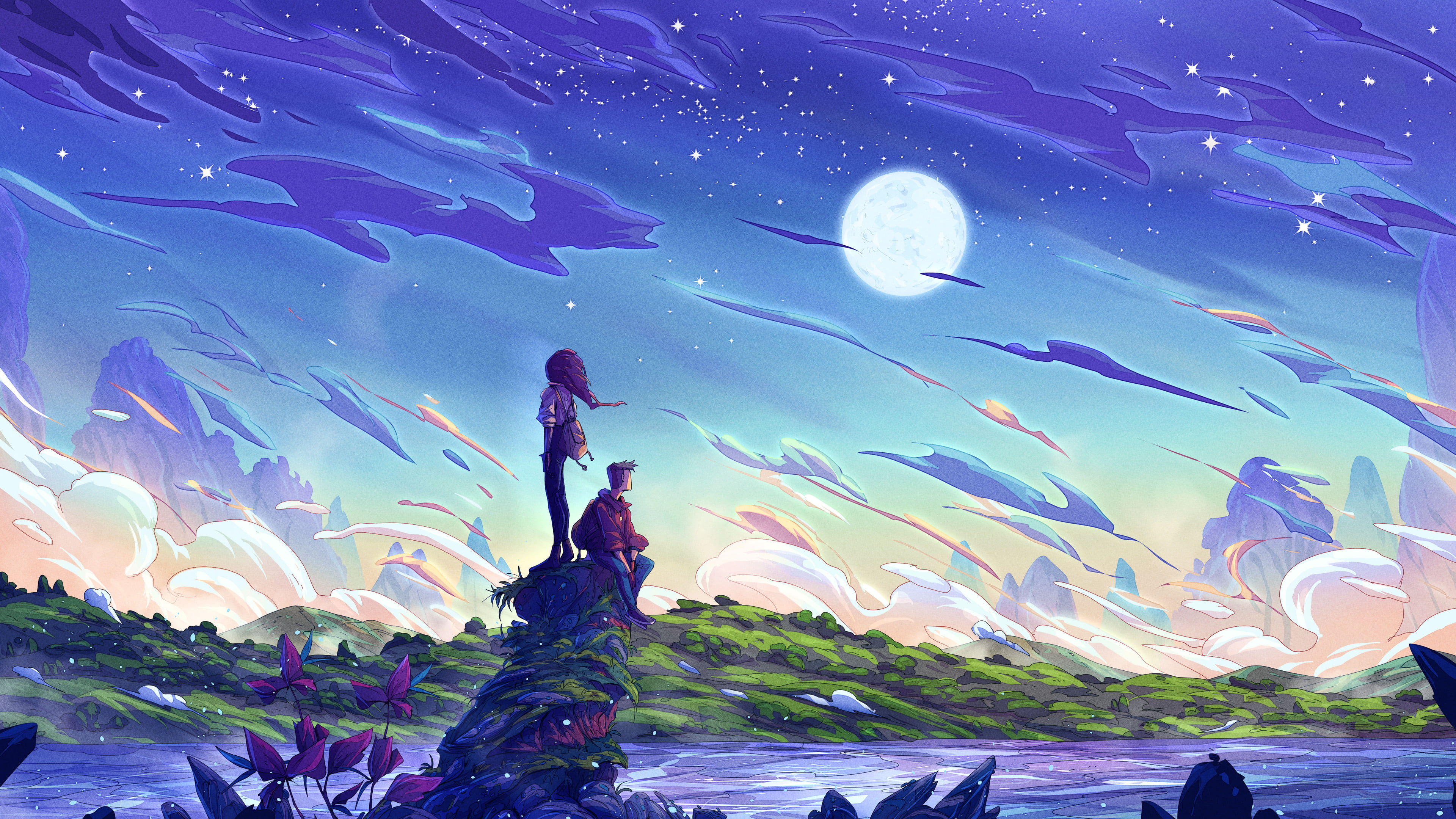 clouds, night, 4K, stars, hills, Moon, mountains, fantasy art, Christian Benavides, men, stream, traveler, grass, digital art, HD Wallpaper