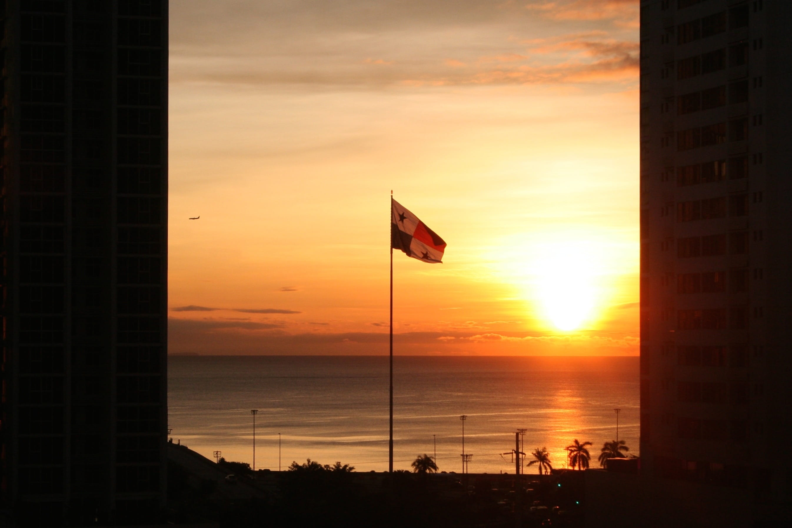 sunlight, country, no people, tranquility, scenics - nature, nature, water, sign, idyllic, tranquil scene, viaje, pride, Panama, silhouette, sun, pole, HD Wallpaper