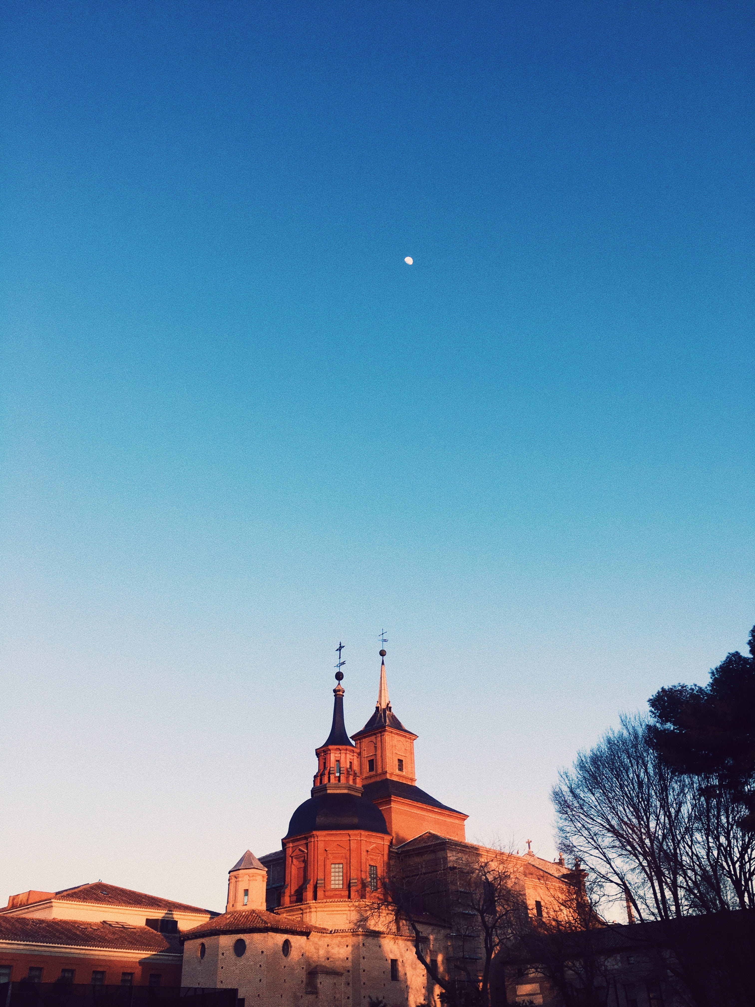 trip, copy space, clear sky, 4K, travel, tree, luna, building exterior, outdoors, the past, españa, religion, travel destinations, moon, nature, alcala, Phone HD Wallpaper