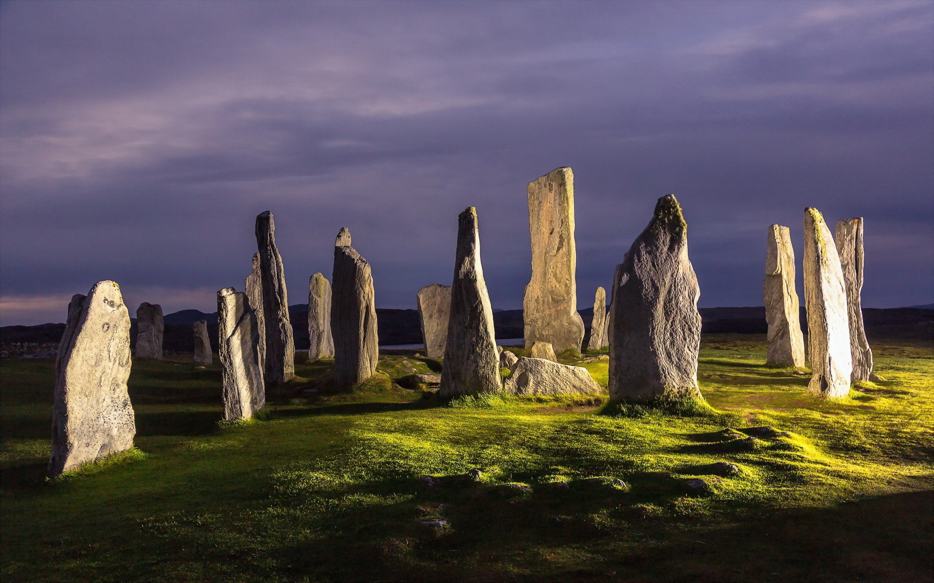 no people, rock, old ruin, rock formation, stone material, tranquil scene, night, landscape, archaeology, shadow, nature, beauty in nature, field, stones, HD Wallpaper