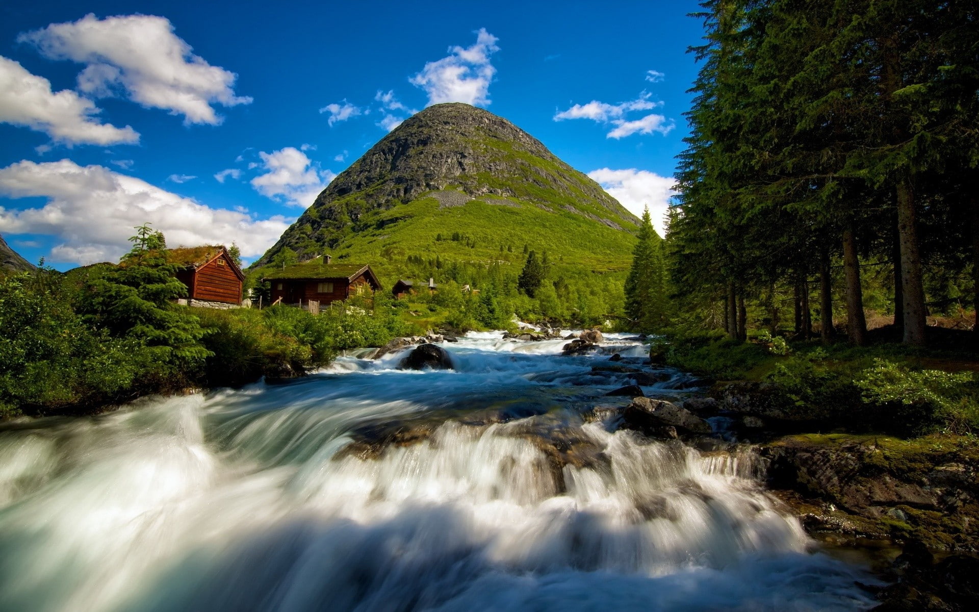 forest, water, rock, long exposure, 1080P, clouds, hills, stream, stones, mountains, landscape, Norway, house, trees, nature, HD Wallpaper