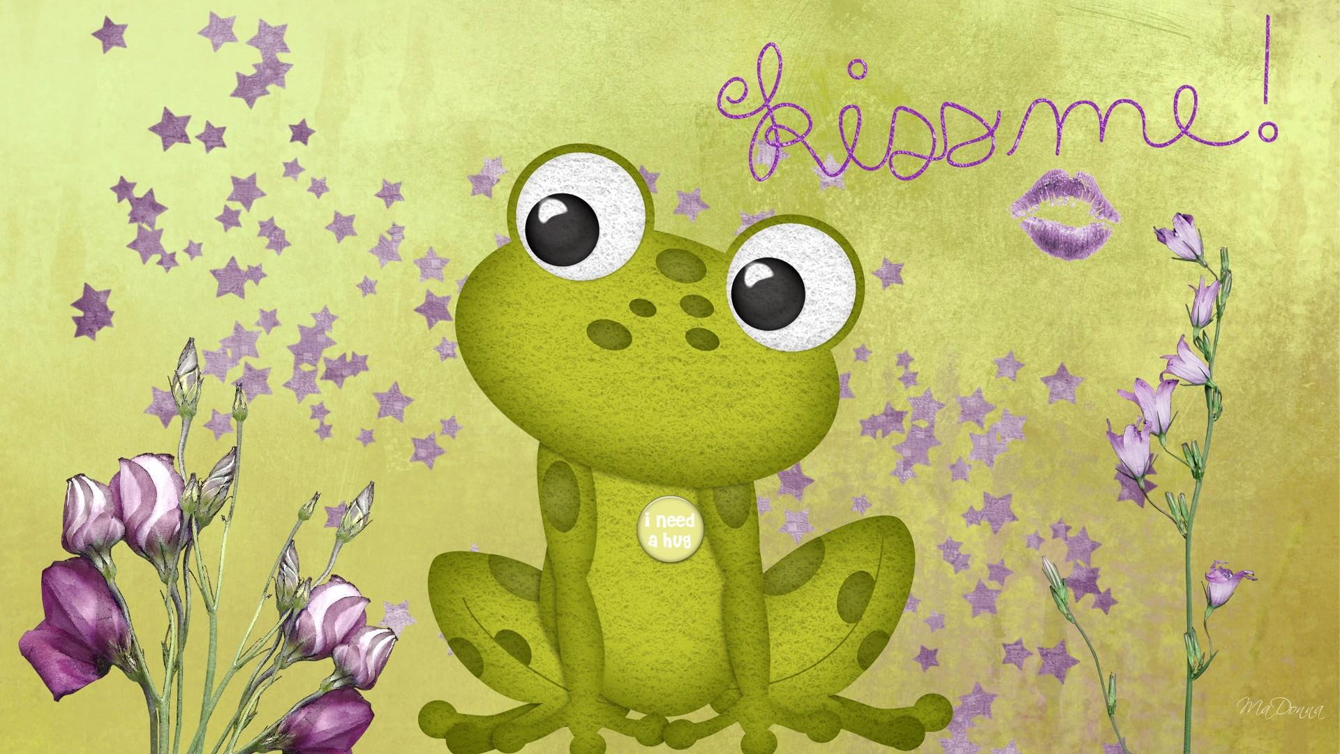 animals, stars, 1080P, kisses, green, firefox persona, kiss, frog, flowers, HD Wallpaper