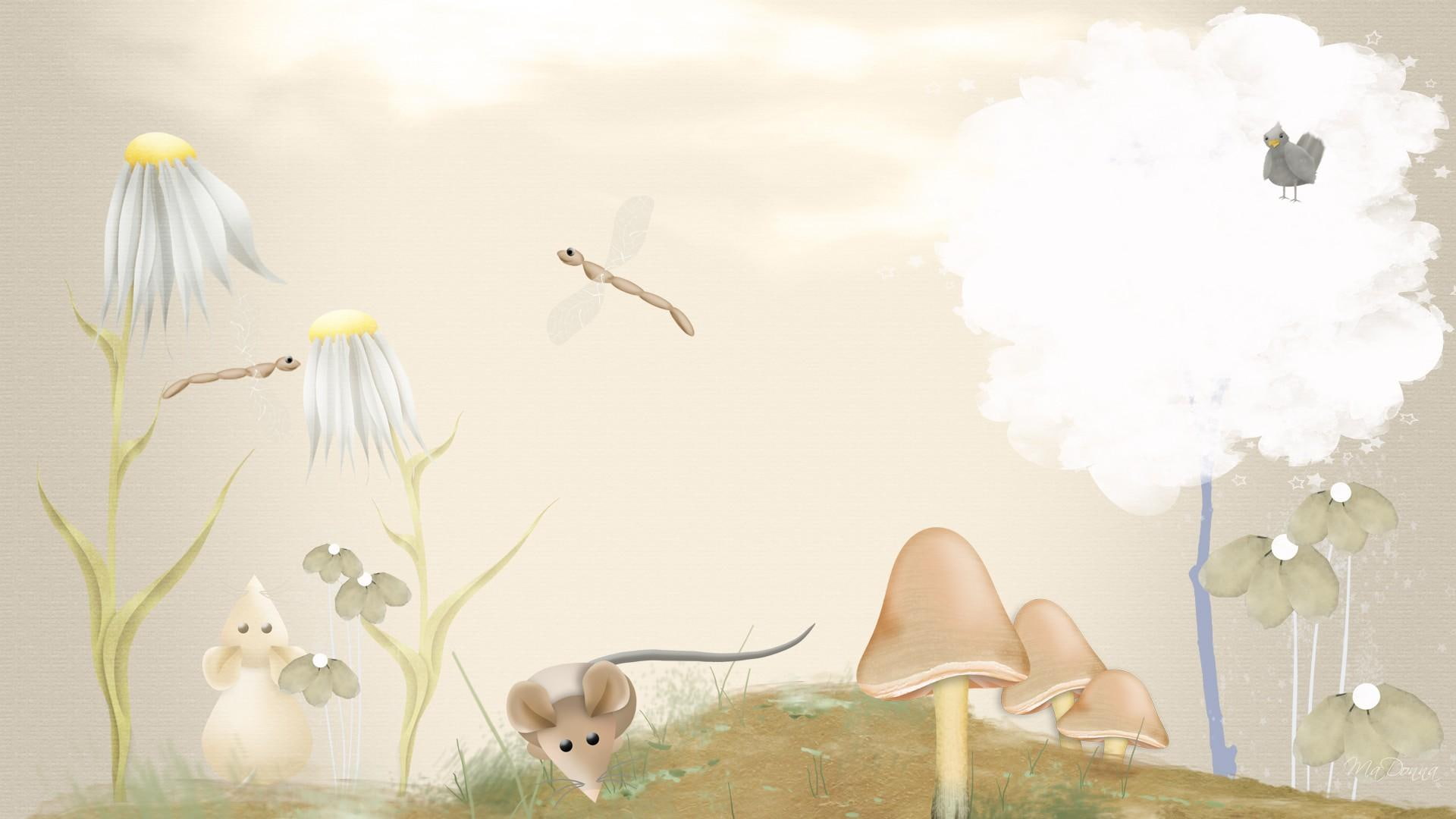 mouse, tree, flowers, animals, dragonfly, mice, firefox persona, adventures, mushrooms, toad stools, 1080P, bird, HD Wallpaper