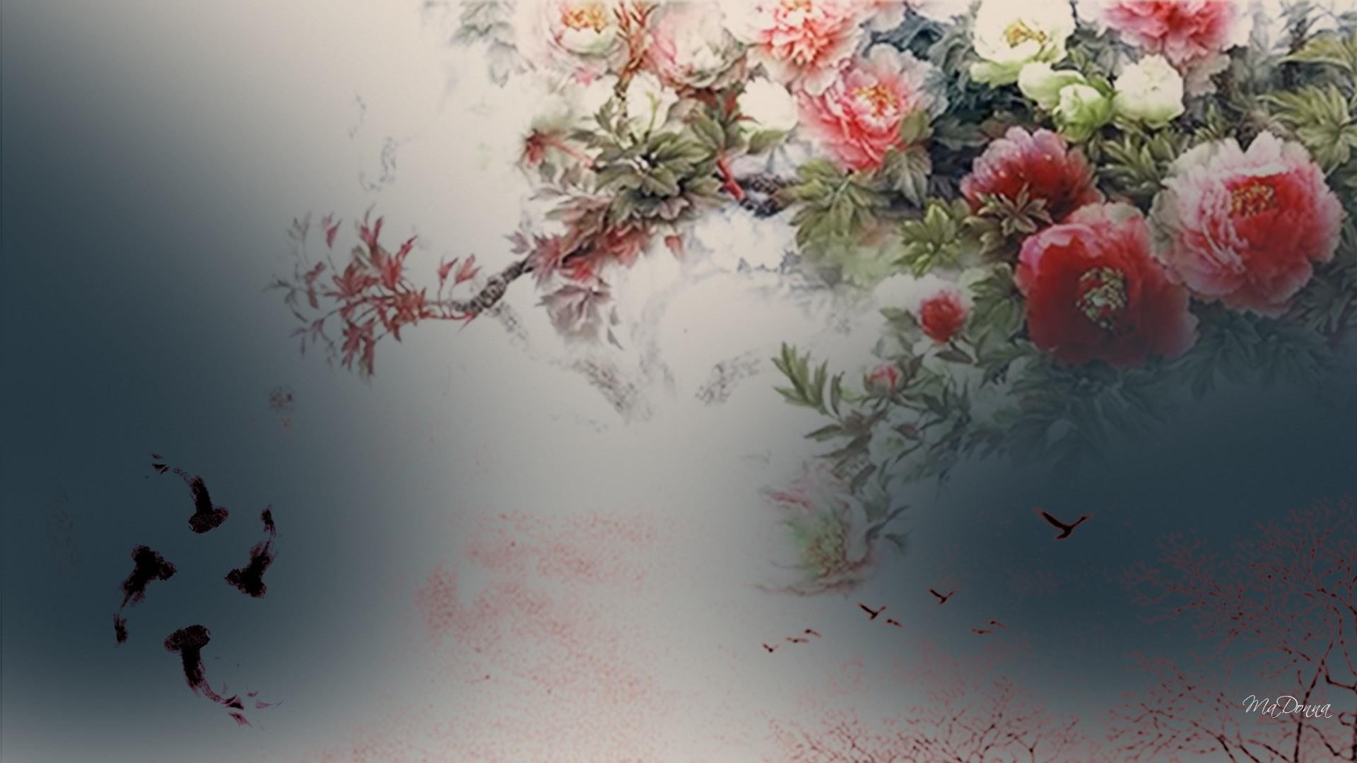 flowers, 1080P, birds, firefox persona, trees, 3d and abstract, fish, fan tail, peonies, oreintal, HD Wallpaper