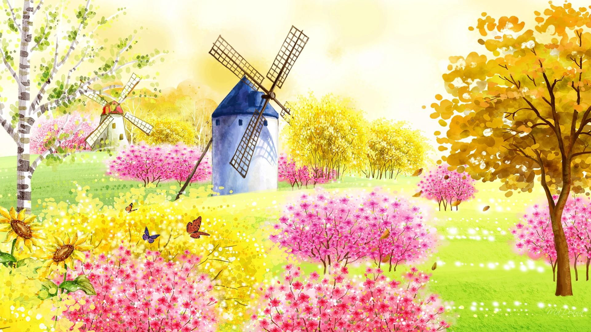 turning, 1080P, grass, trees, susmmer, color, bright, flowers, windmills, birch, firefox persona, fall, leaves, HD Wallpaper
