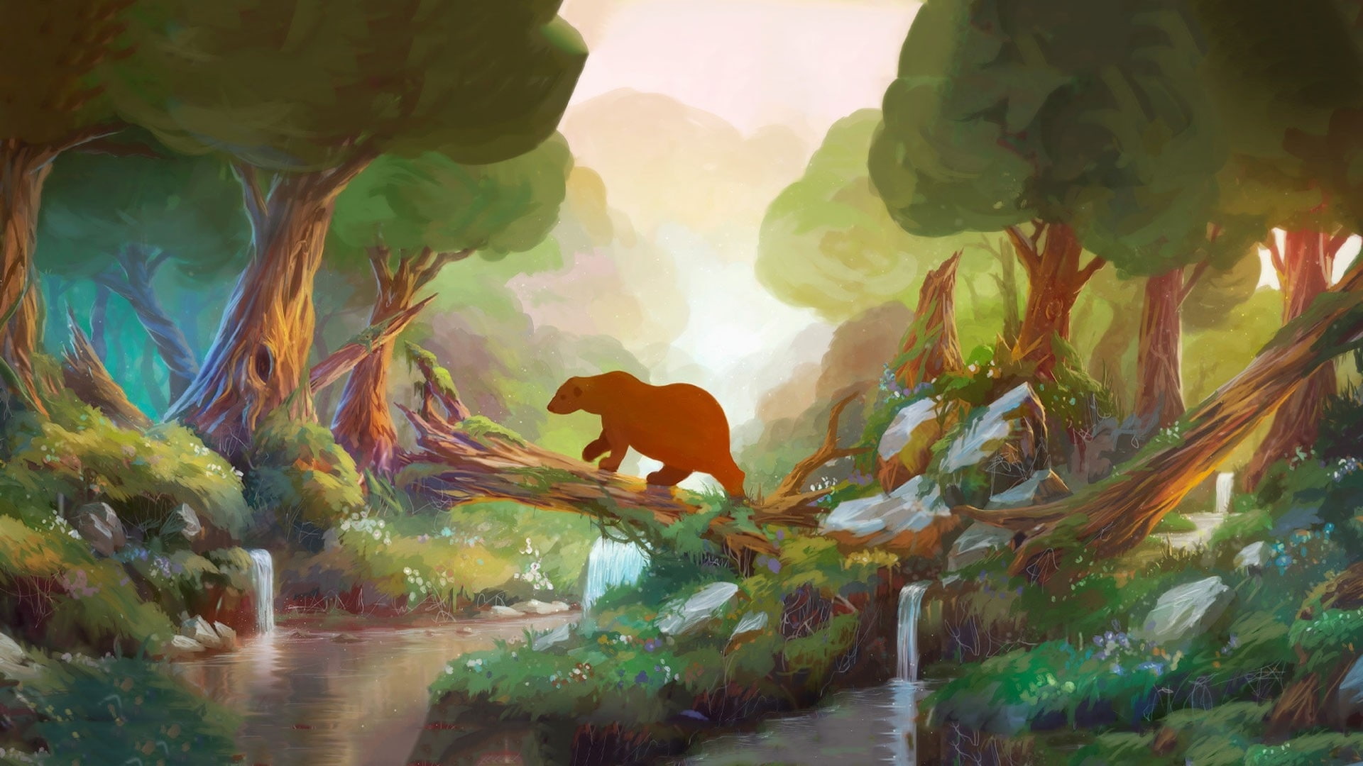 forest, rivers, soft, nature, fantasy, bears, children, kids, anime, stream, waterfall, sunlight, 1080P, paintings, art, animals, trees, cartoon, HD Wallpaper