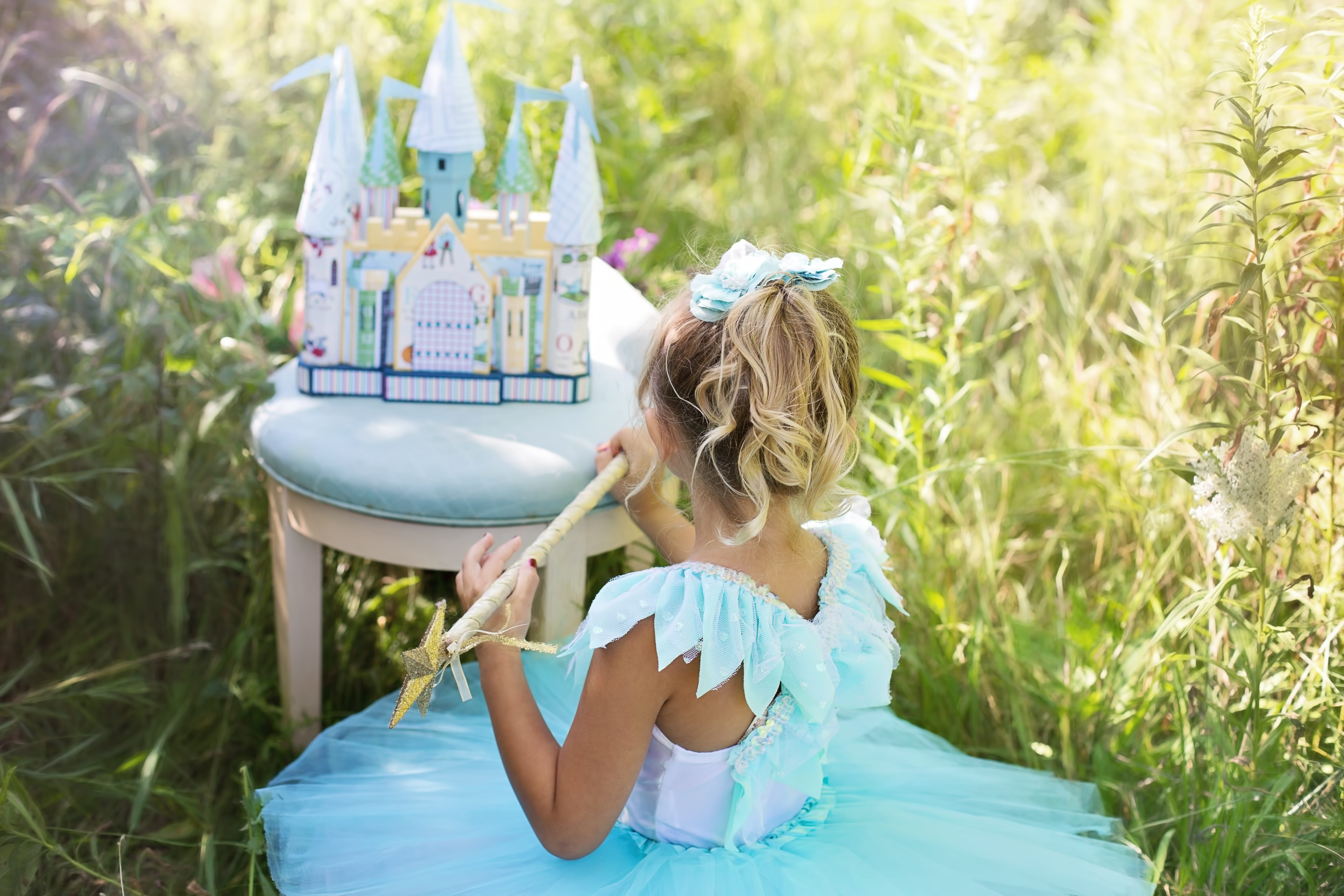 day, teal, blue, childhood, real people, sitting, plant, tutu, people, females, grass, sleeveless, front or back yard, dress, innocence, castle, wedding, HD Wallpaper