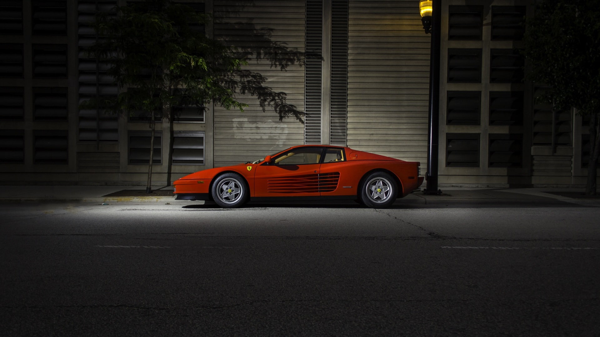 car red cars sports car ferrari ferrari testarossa vintage urban street night lights garages trees legend spotlights, outdoors, building, road, motion, HD Wallpaper