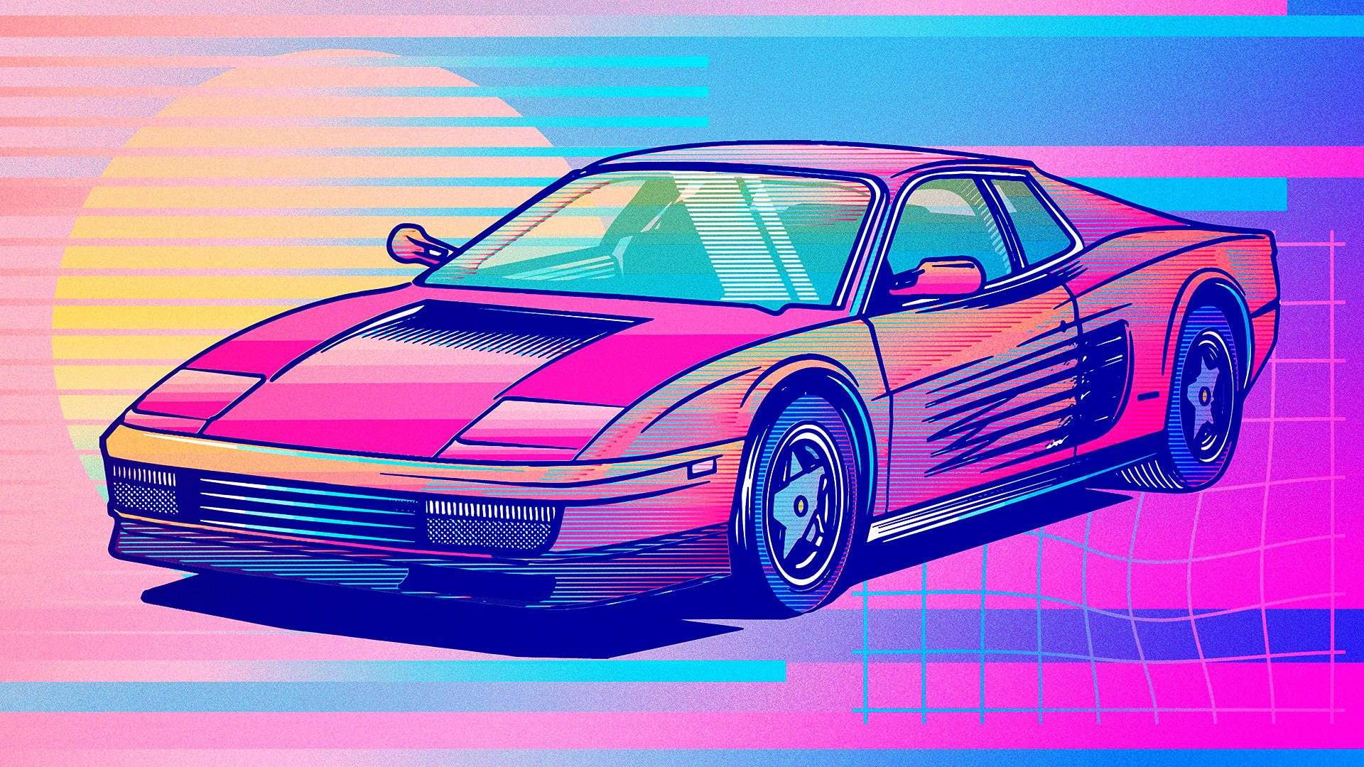 1980s, Ferrari Testarossa, 1080P, vaporwave, pop-up headlights, synthwave, HD Wallpaper