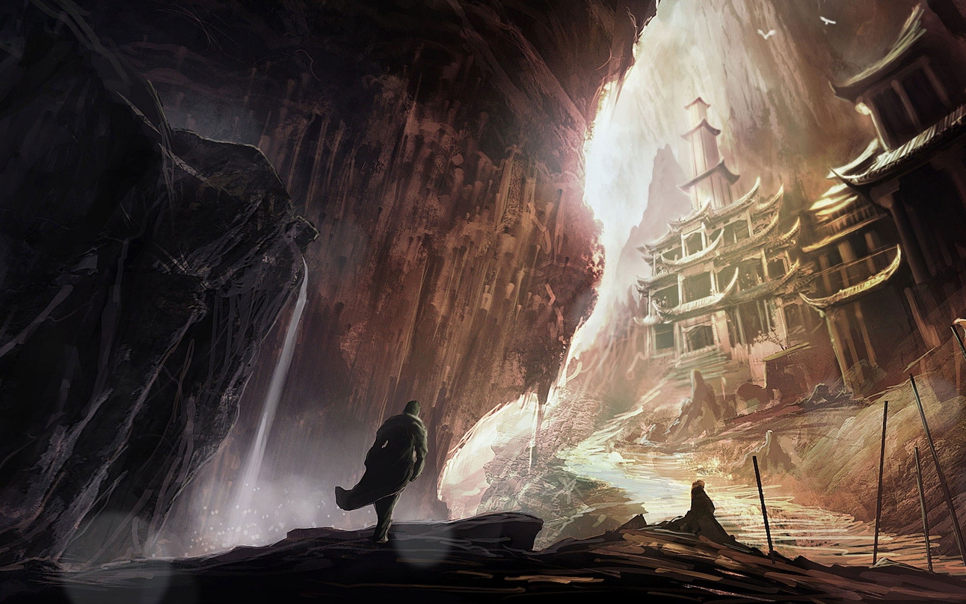 1080P, architecture, mountain, waterfall, temple, fantasy, HD Wallpaper