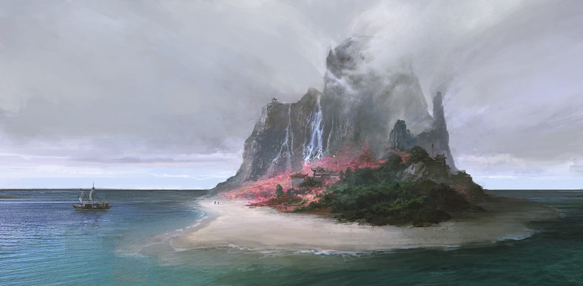 Asian architecture, fantasy art, architecture, mountains, waterfall, sea, cherry blossom, 1080P, artwork, ship, beach, island, HD Wallpaper