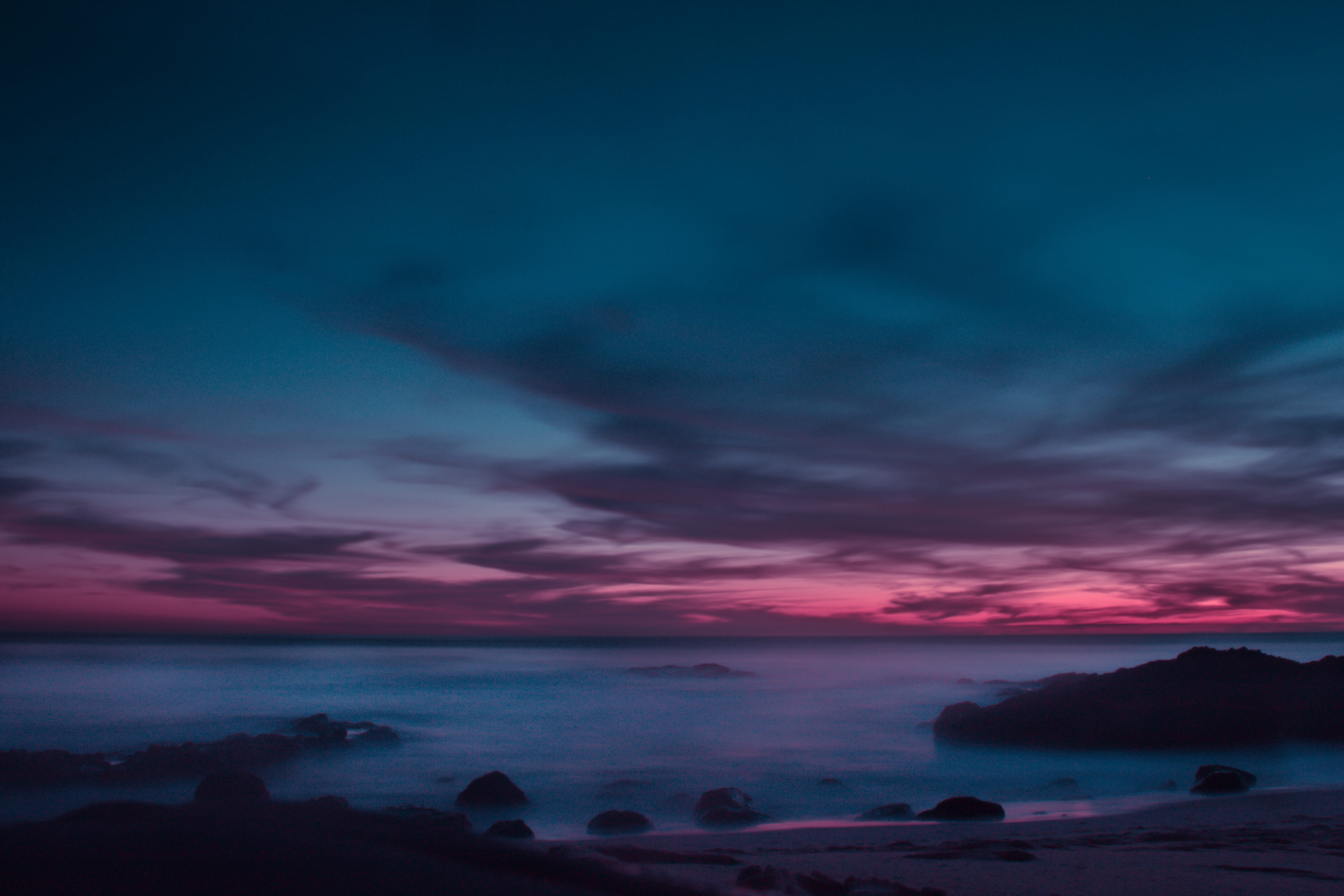 photo, shore, solid, night time, horizon, cloud - sky, silhouette, sunset, tranquil scene, tranquility, pinksky, sky, cloudy, dramatic sky, dusk, pink, HD Wallpaper