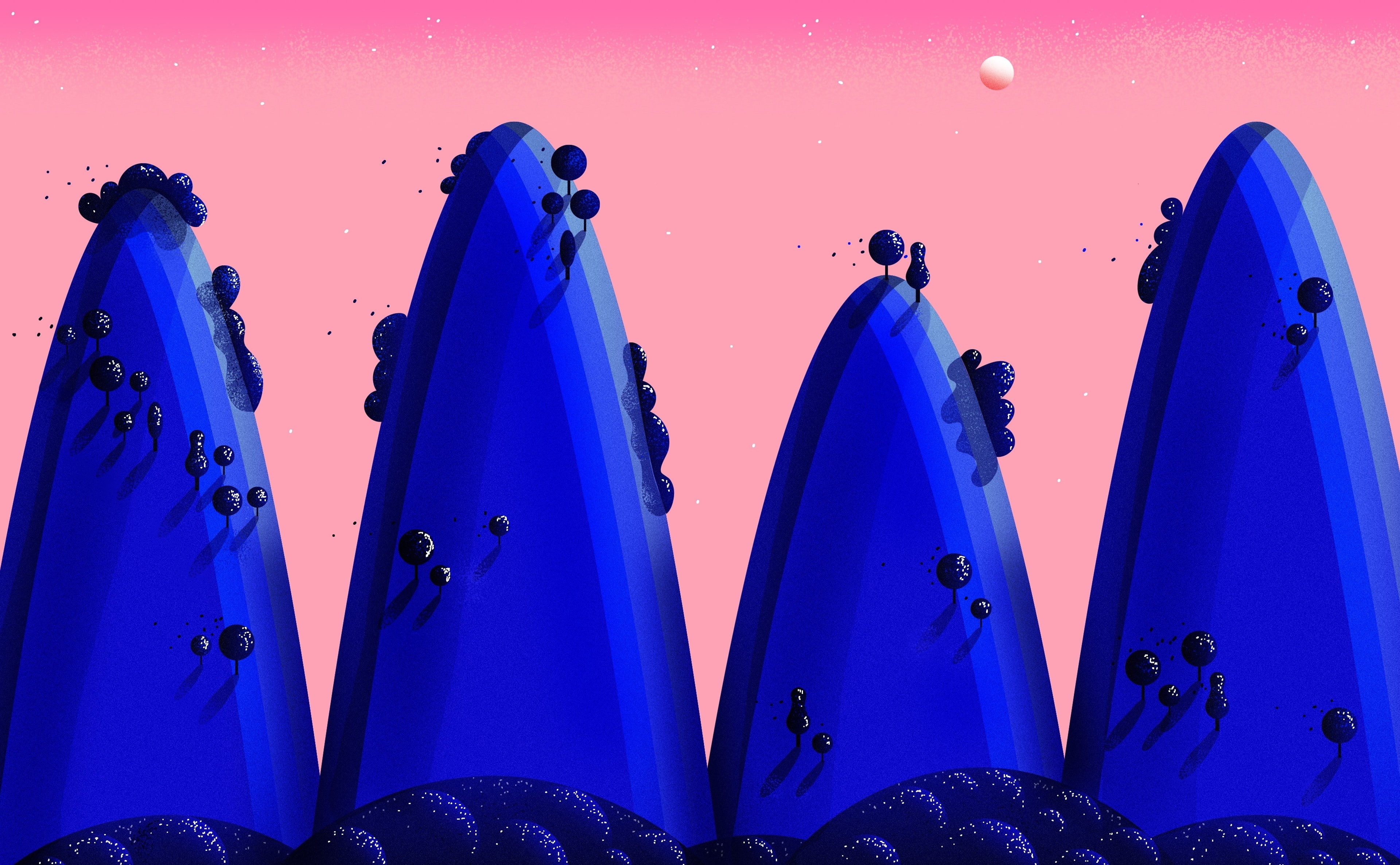 Aero, Hills, Mountains, Landscape, Vector Art, pinksky, Blue, Illustration, Vector, 4K, HD Wallpaper