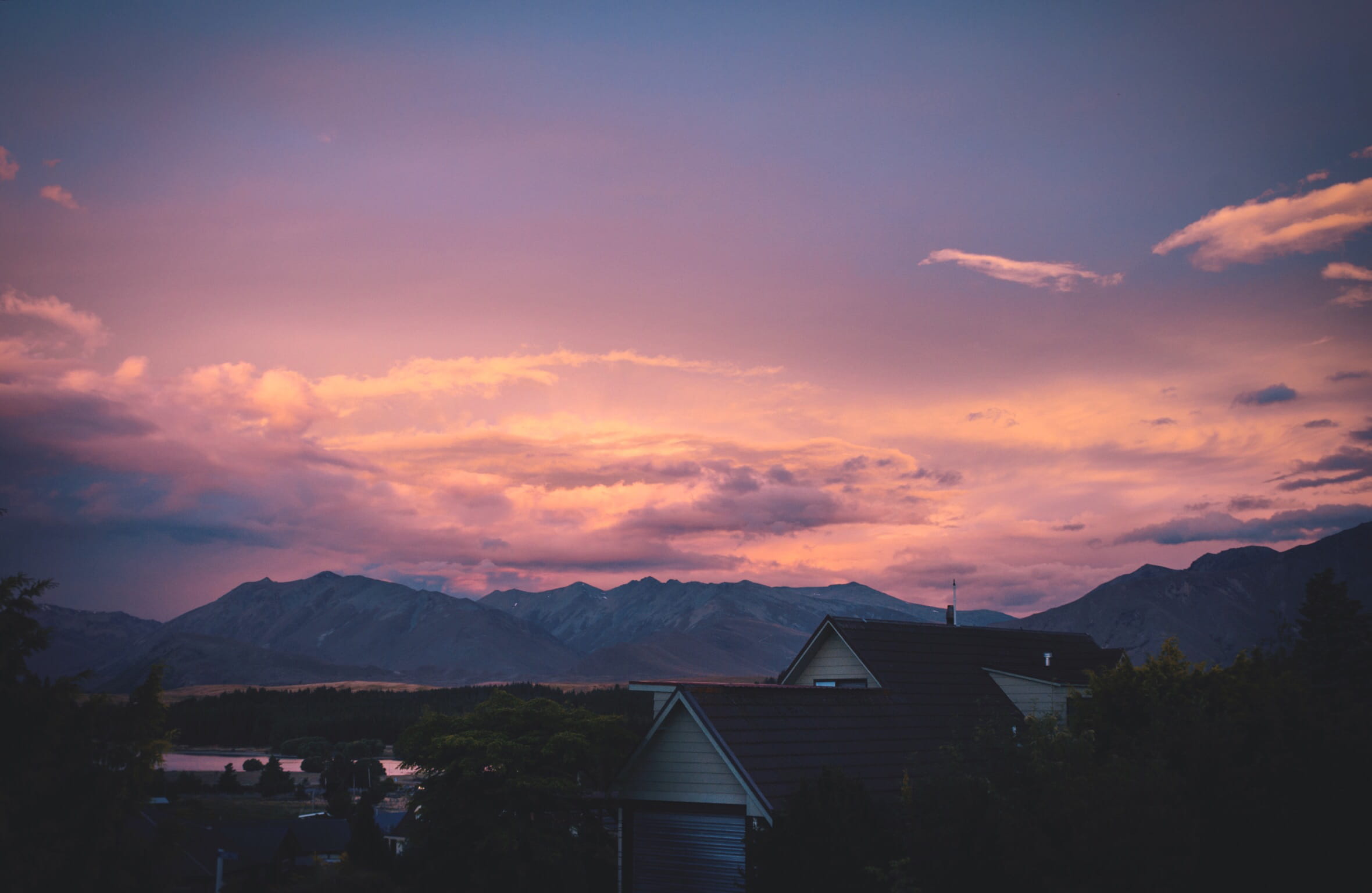 house, amazingplaces, beautifulsky, mountain, architecture, built structure, mountain range, plant, landscape, sunset, tree, no people, outdoors, 1080P, HD Wallpaper