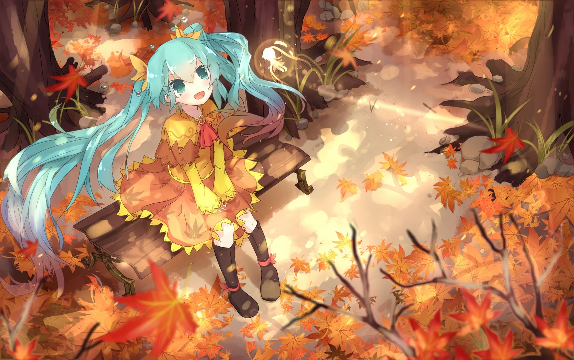 lifestyles, vector, girl, creativity, nature, hatsune miku, illuminated, leisure activity, magic, festival, representation, autumn, fantasy, spooky, leaf, HD Wallpaper