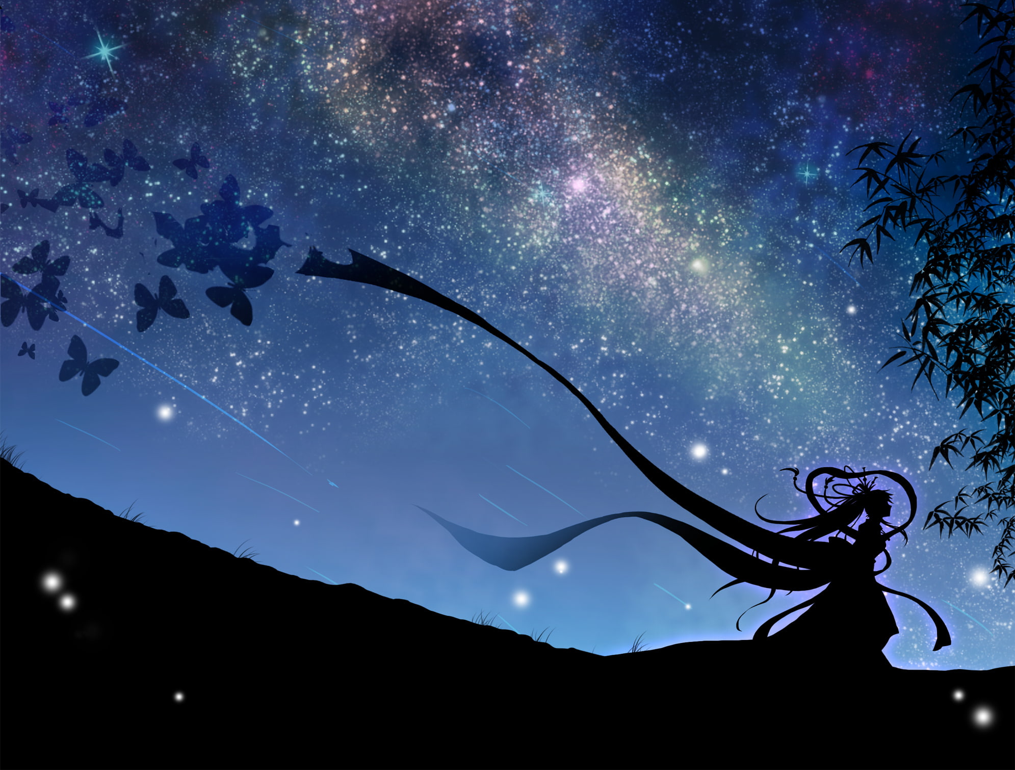 light - Natural Phenomenon, tranquility, silhouette, illustration, art, space, star field, fantasy, shiny, blue, mokoppe, beauty in nature, night, landscape, HD Wallpaper