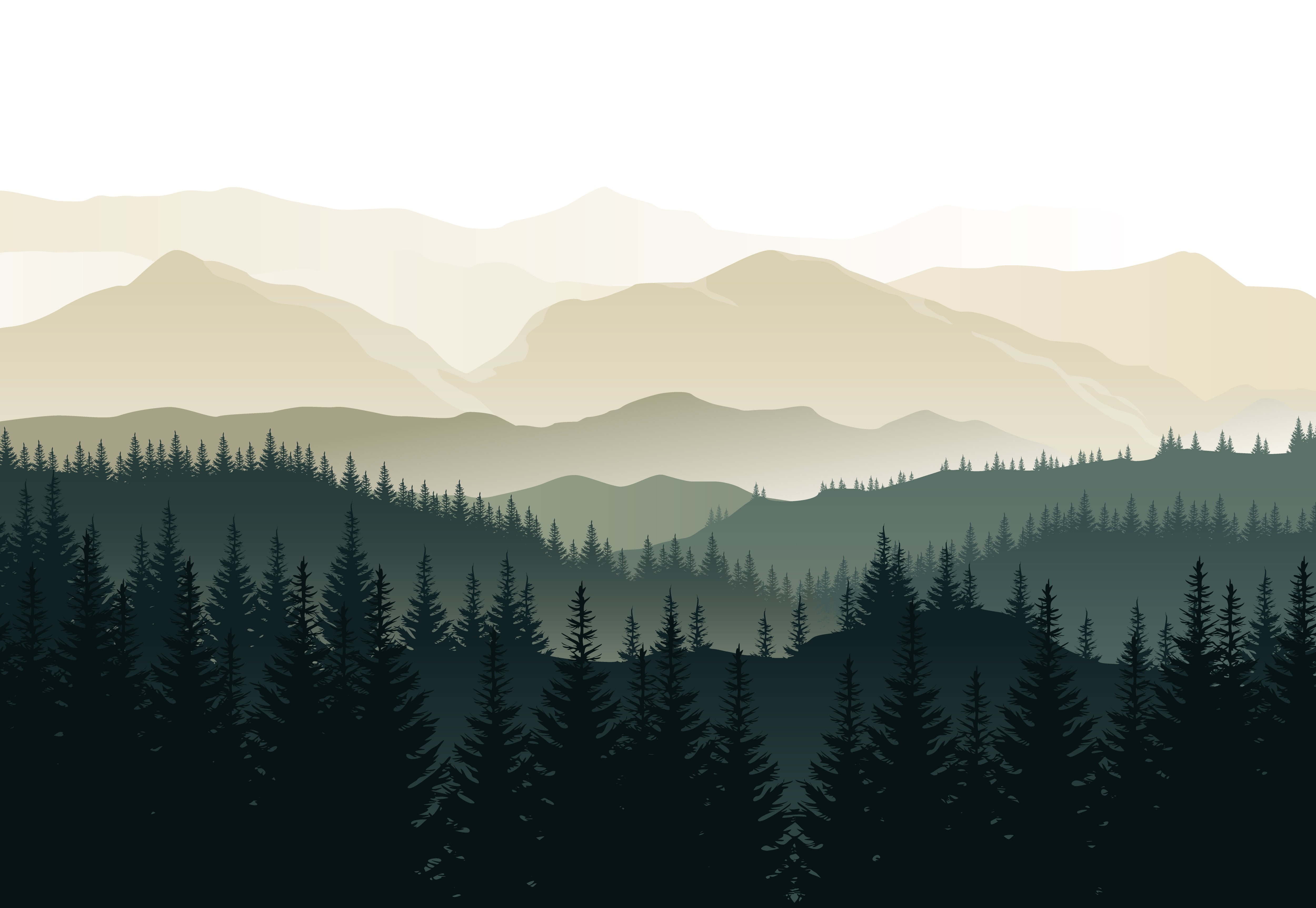 Alps, mist, green, artwork, 4K, landscape, silhouette, palm trees, morning, vector, forest, mountains, hills, digital art, HD Wallpaper