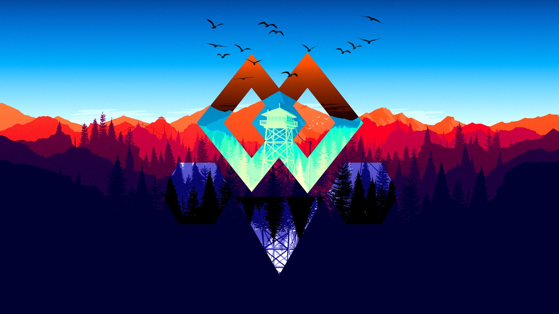 vertebrate, clear sky, animal, Firewatch, triangle shape, 1080P, Mountain, travel destinations, bird, multi colored, flying, shape, nature, sky, Abstract, HD Wallpaper