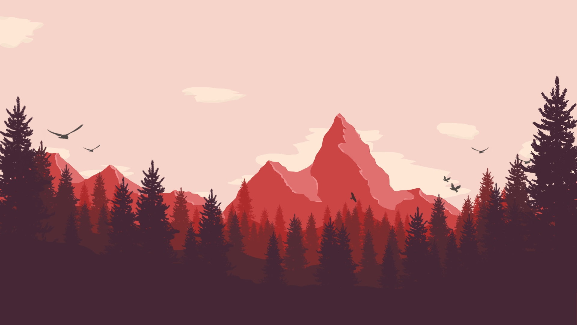 birds, landscape, trees, artwork, Firewatch, mountains, nature, 1080P, HD Wallpaper