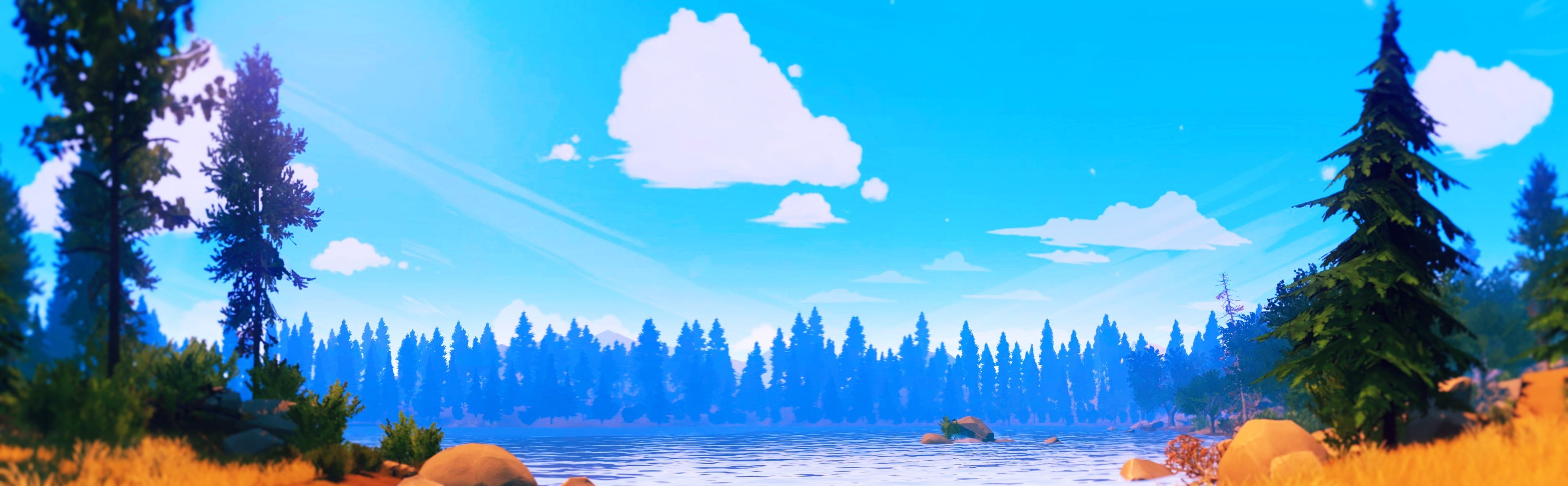 water, land, nature, beauty in nature, idyllic, blue, landscape, outdoors, panoramic, tree, firewatch, tranquil scene, sky, 2K, plant, architecture, tranquility, HD Wallpaper
