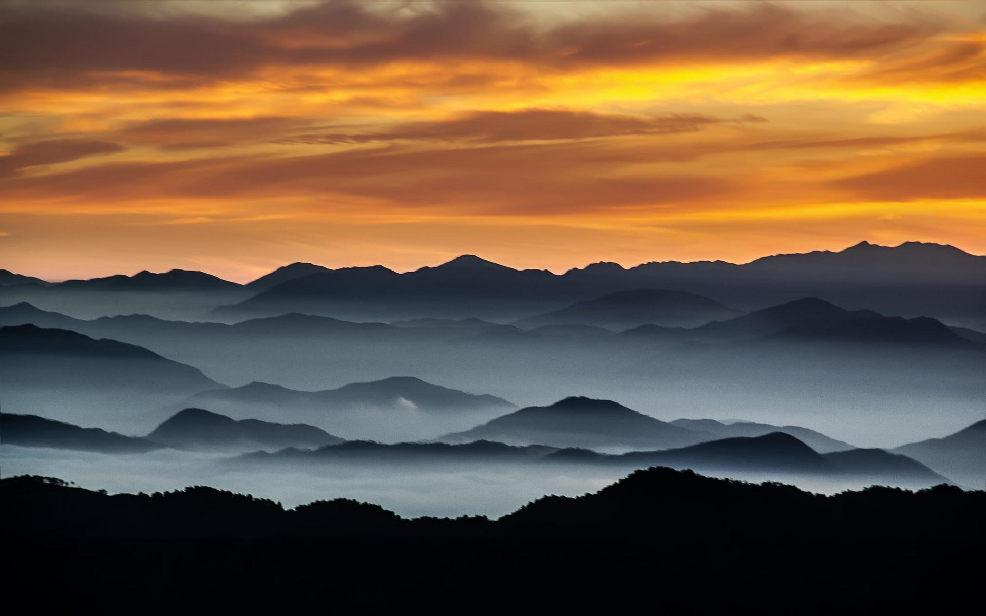 clouds, sunset, scenics - nature, mountains, mountain range, fog, landscape, silhouette, environment, sheet, white, orange color, cloud - sky, tranquility, HD Wallpaper