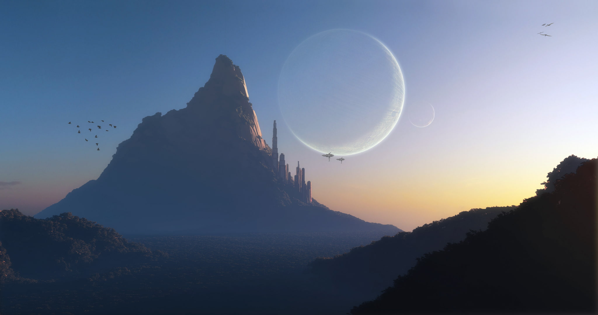 moon, mountain, water, scenics - nature, clear sky, planetary moon, ships, sunset, rock, birds, tower, silhouette, tranquility, the city, 1080P, HD Wallpaper