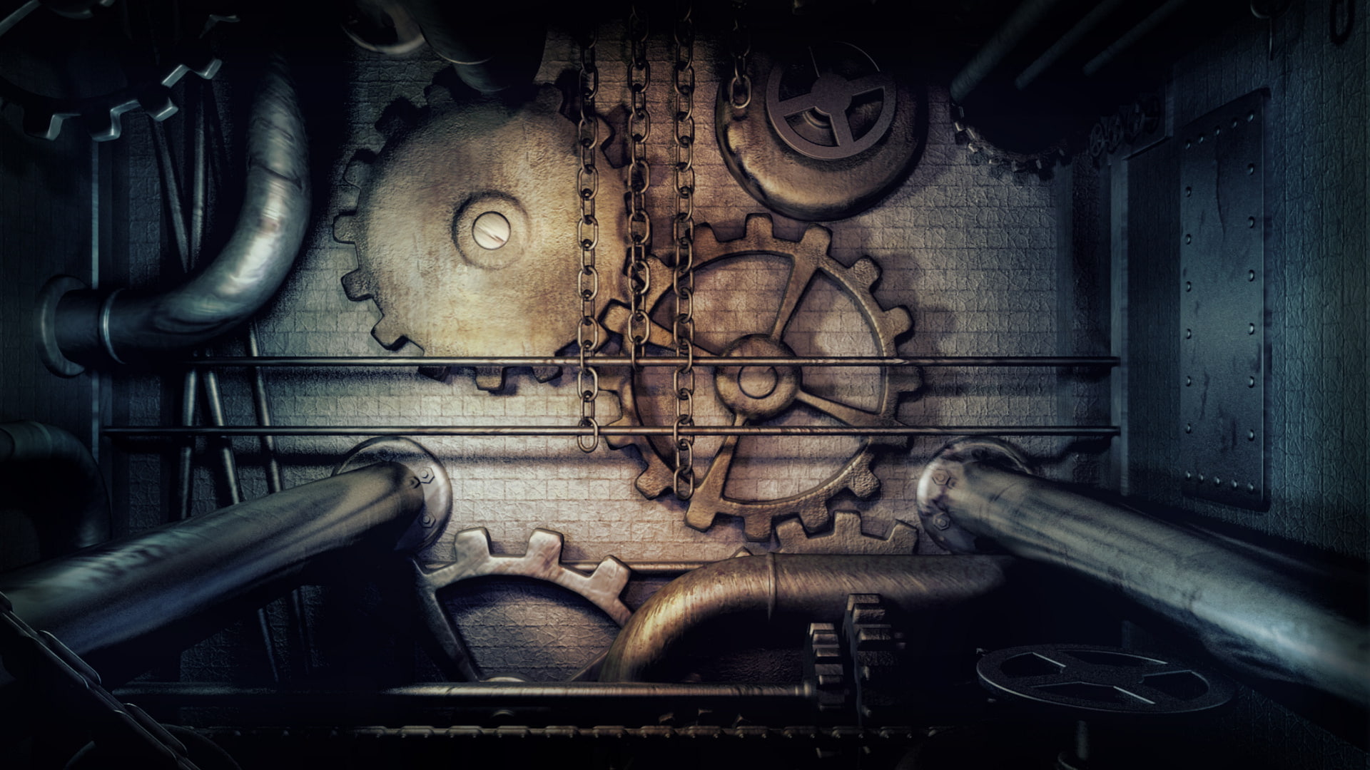 1080P, pipes, gears, chains, dark, machine, steampunk, HD Wallpaper