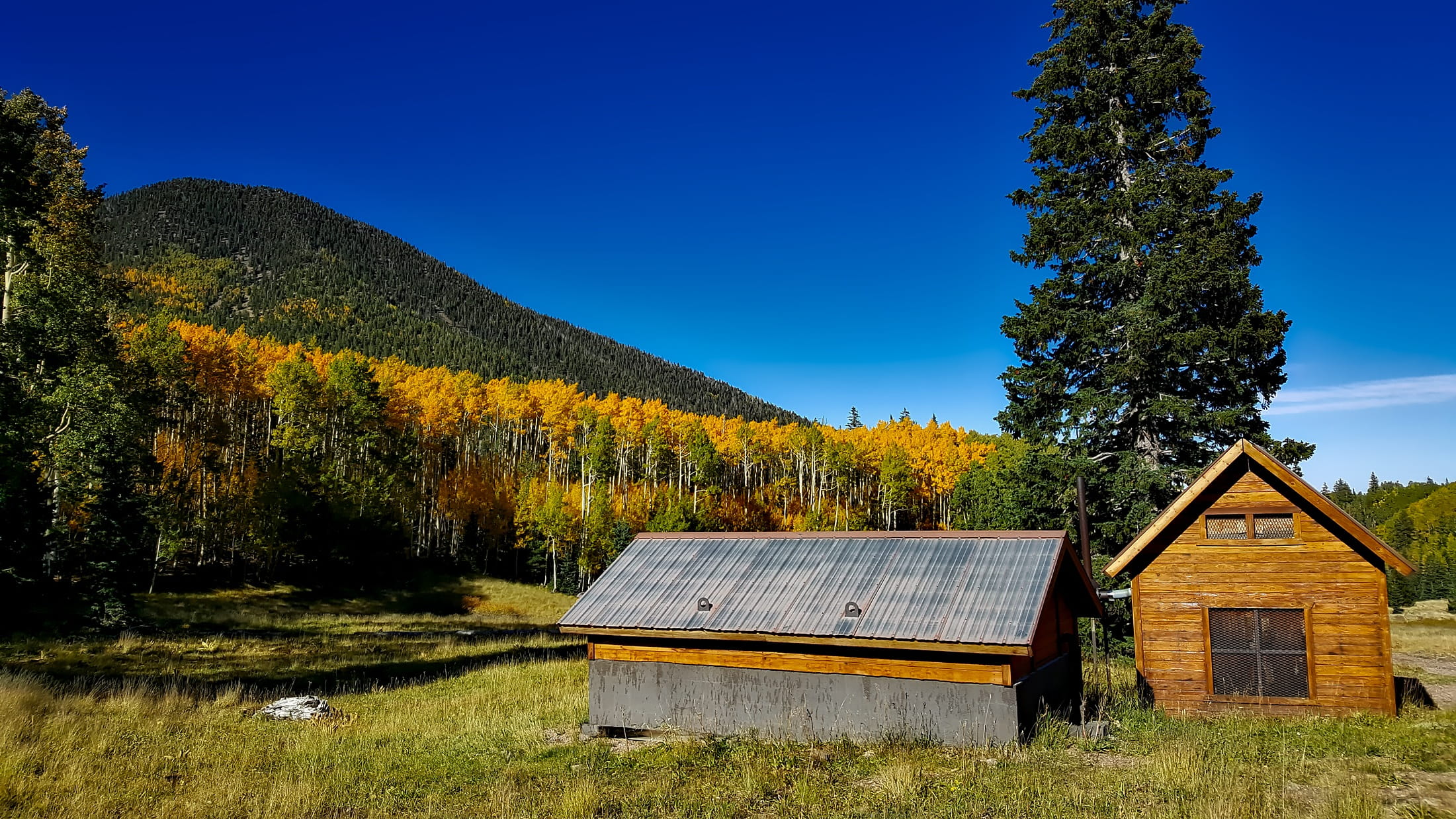 day, sky, Autumn, 1080P, tranquility, barn, farm, grass, mountain, colorful, landscapes, home, foliage, blue, Scenic, Arizona, woods, land, country, scenics, HD Wallpaper