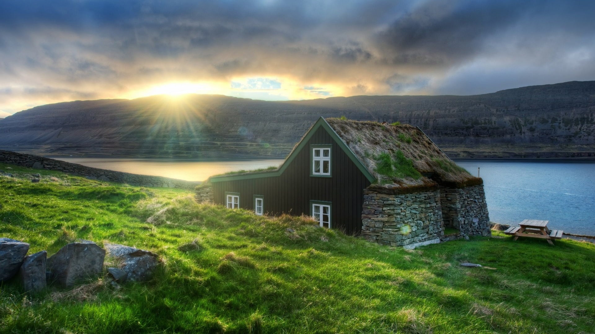 building exterior, sun, structure, land, grass, trees, nature, cloud - sky, outdoors, house, rural, peace, building, mountain, wood, travel, forest, built structure, HD Wallpaper