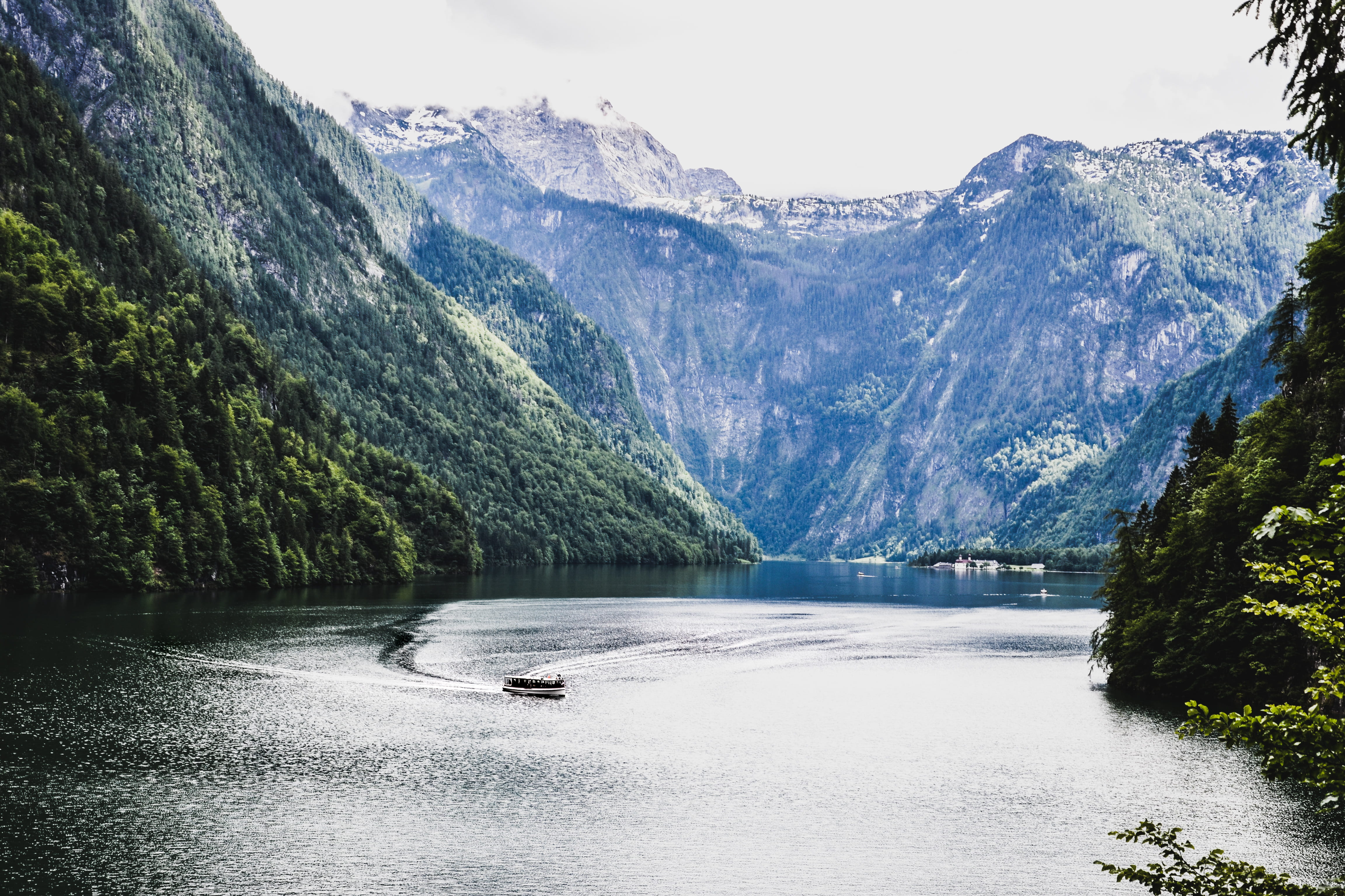 body, fir, peak, promontory, day, tranquil scene, transportation, idyllic, water, königsee, beauty in nature, 4K, plant, waterfront, range, no people, HD Wallpaper