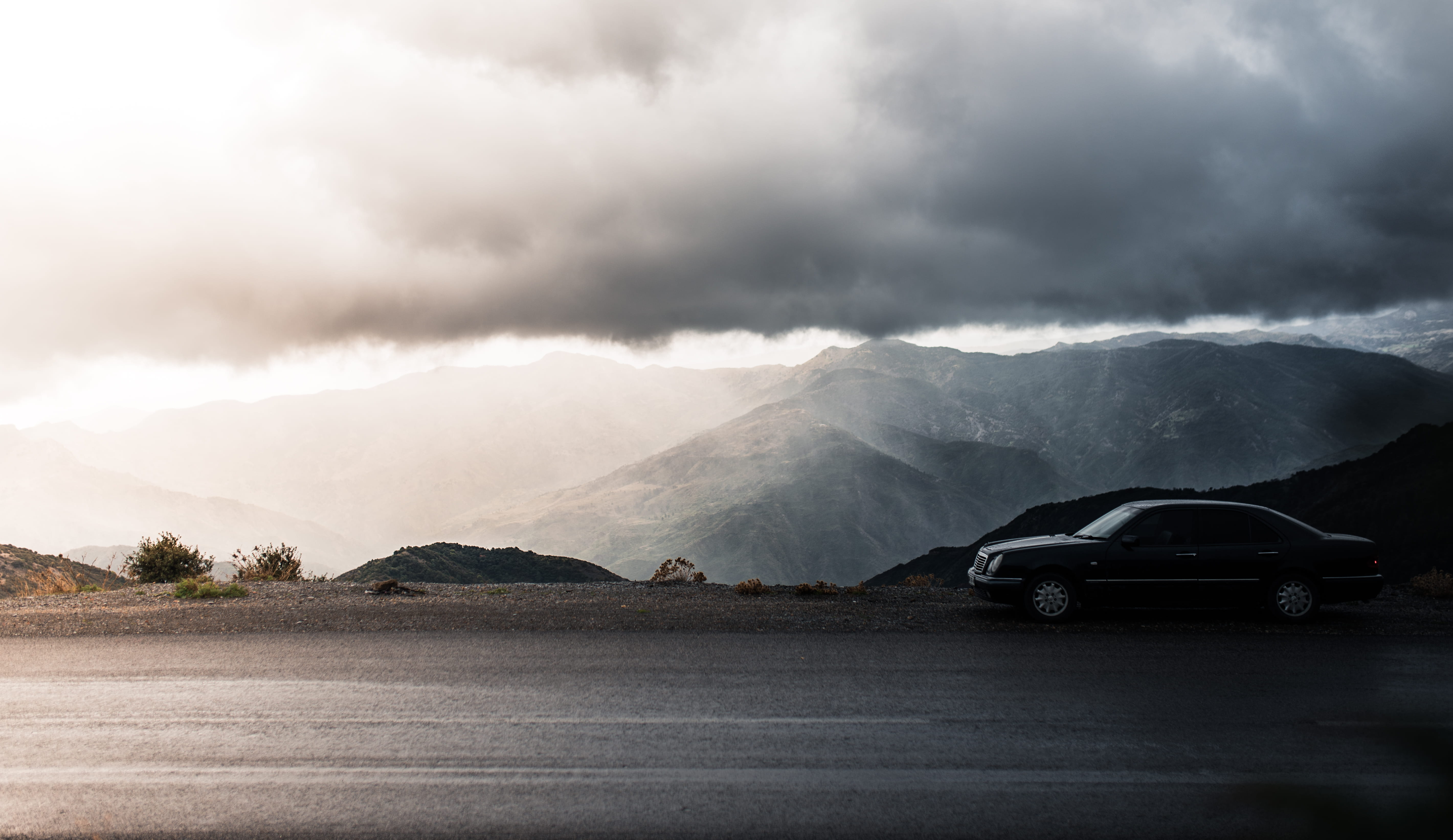 rain, near, parked, beauty in nature, scenics - nature, transportation, black, dark, wheel, nature, 5K, landscape, tire, weather, daytime, beside, travel, HD Wallpaper