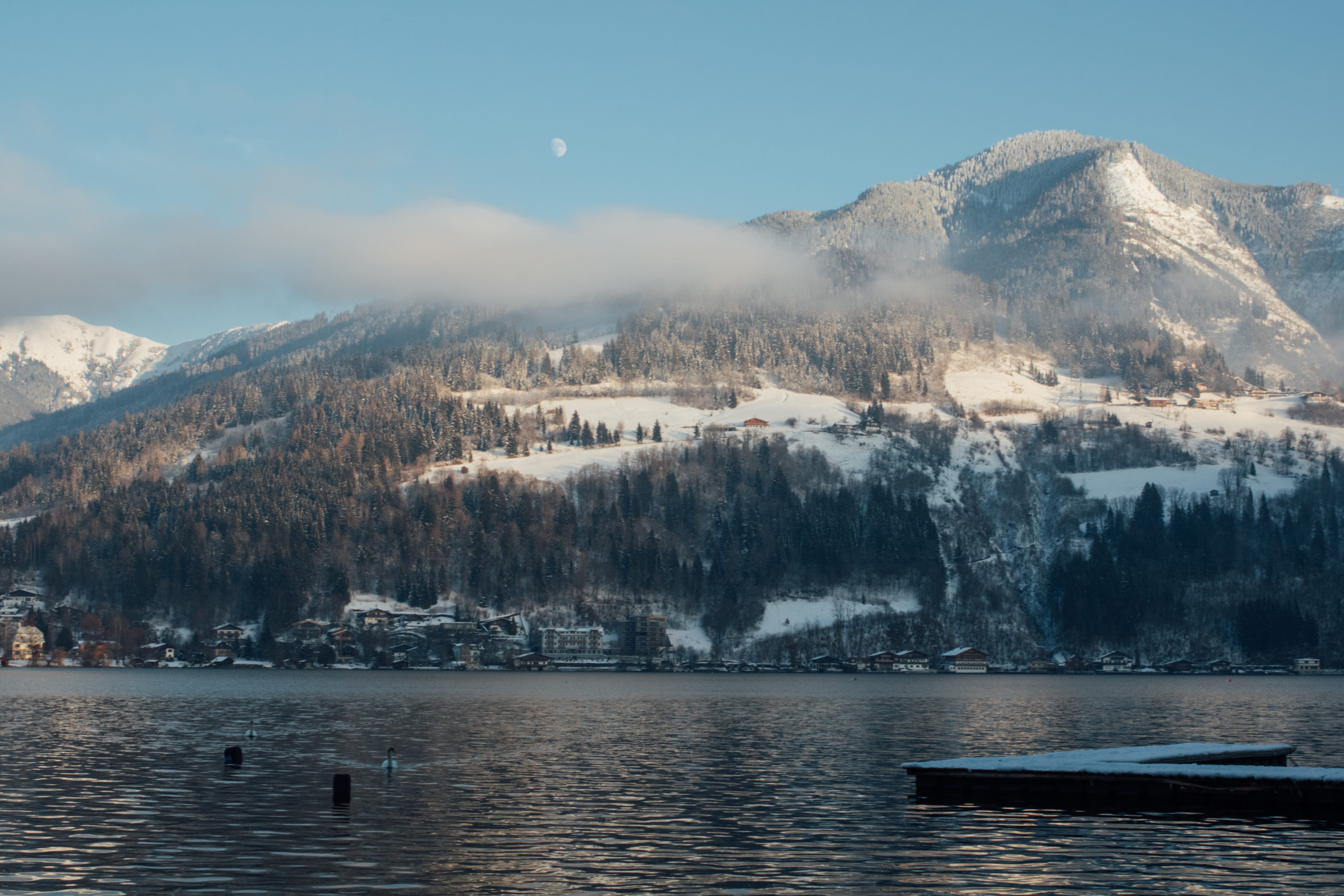 peak, body, 5K, outdoors, alps, waterfront, mountain, no people, abies, snowcapped mountain, boat, water, architecture, mountain range, transportation, HD Wallpaper