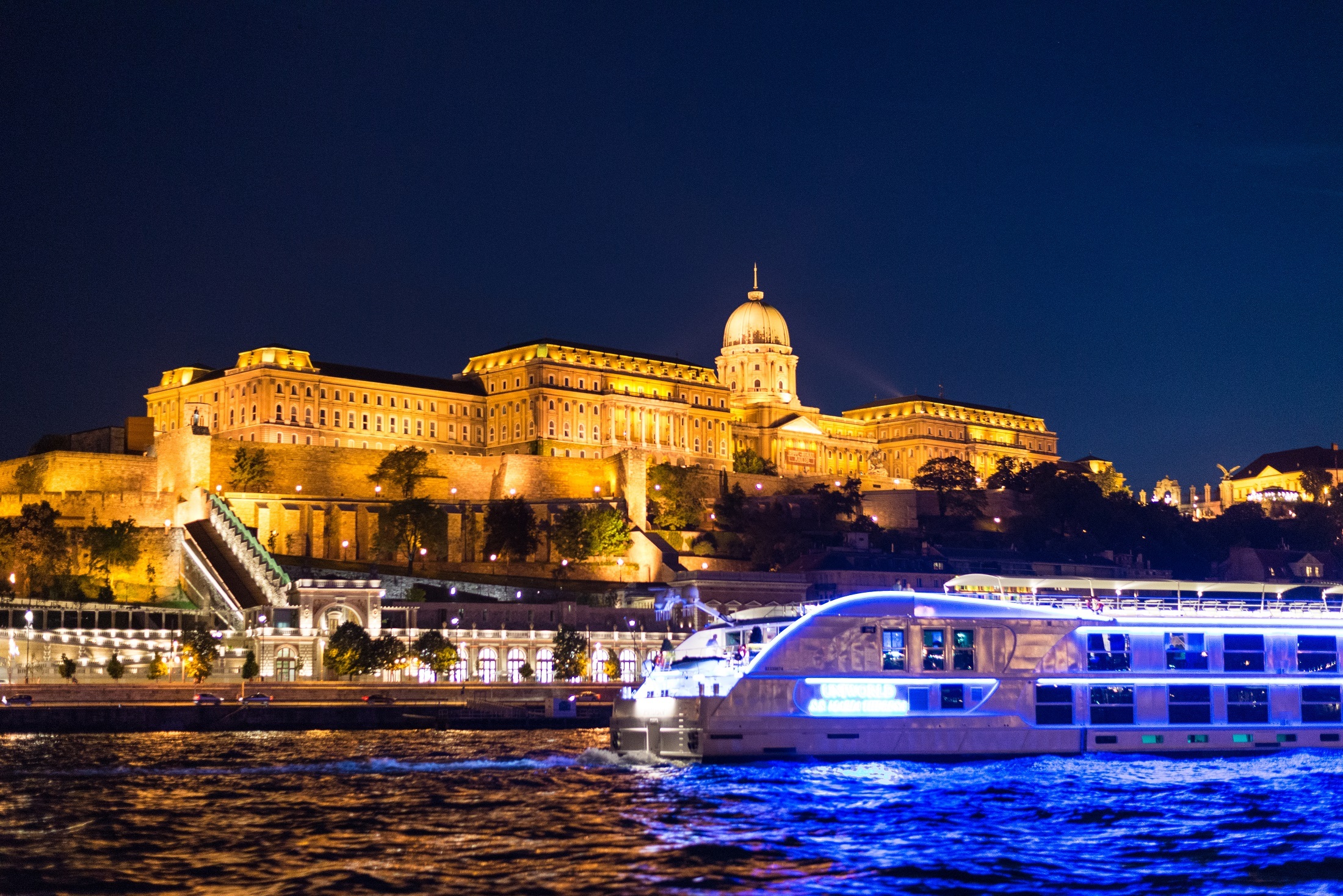 lights, buda castle, cathedral, nighttime, cityscape, body, transportation, outdoors, city, no people, 1080P, built structure, boat, nature, architecture, HD Wallpaper