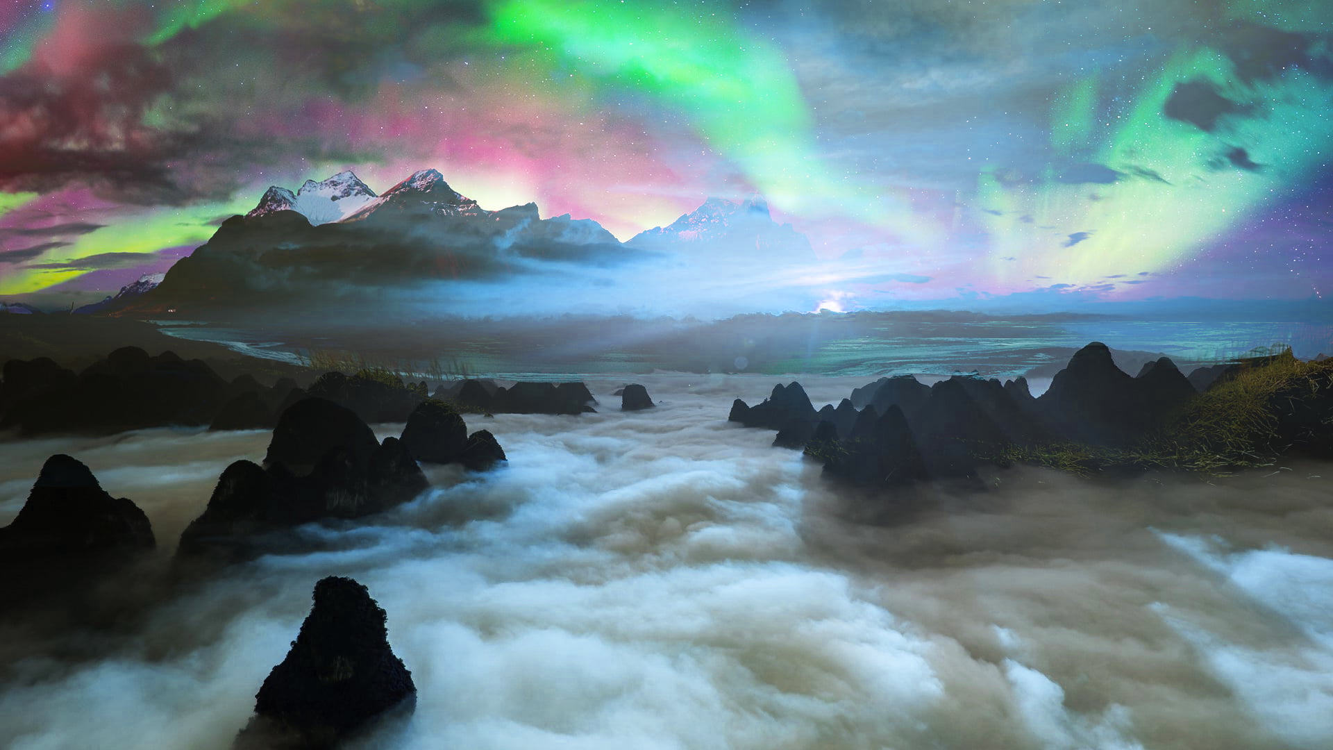 clouds, digital, landscape, Aurora, 1080P, mountain chain, digital art, HD Wallpaper
