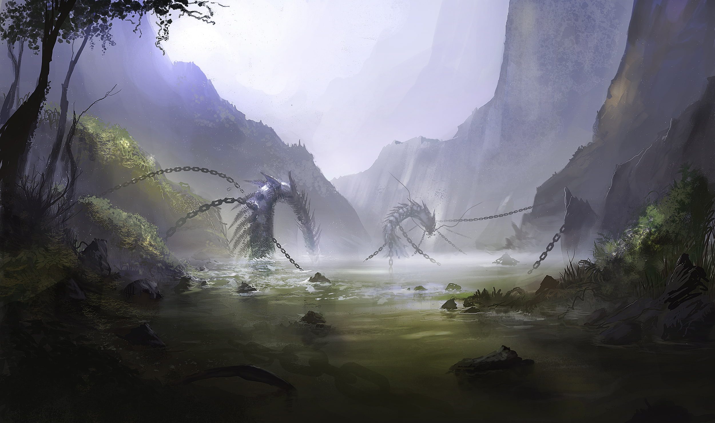 mountains, snakes, 1080P, art, lake, fog, chain, HD Wallpaper