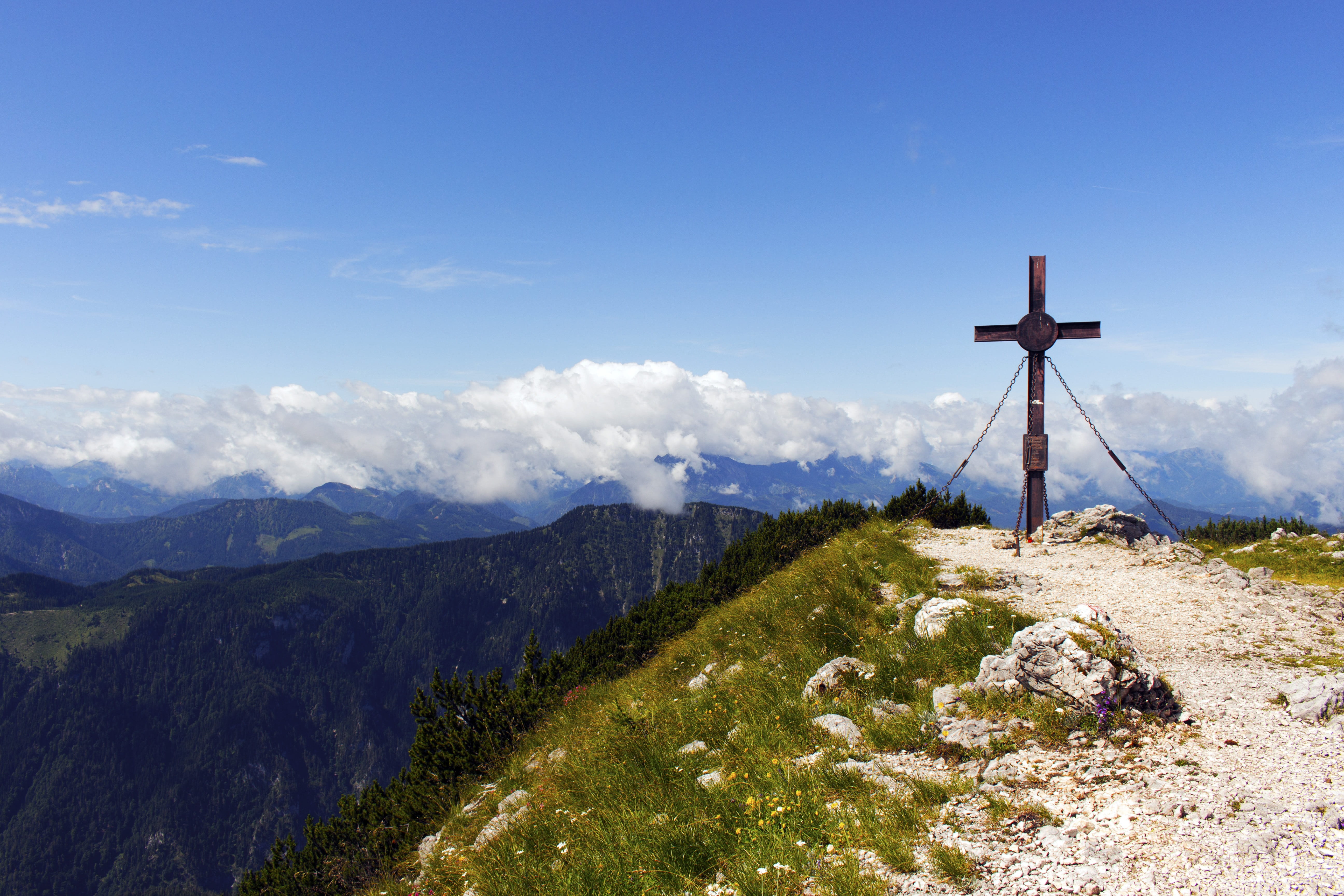 beauty in nature, mountain peak, cross shape, idyllic, 1808, clouds, day, religious equipment, road, belief, blue, cross, sky, religion, nature, spirituality, HD Wallpaper