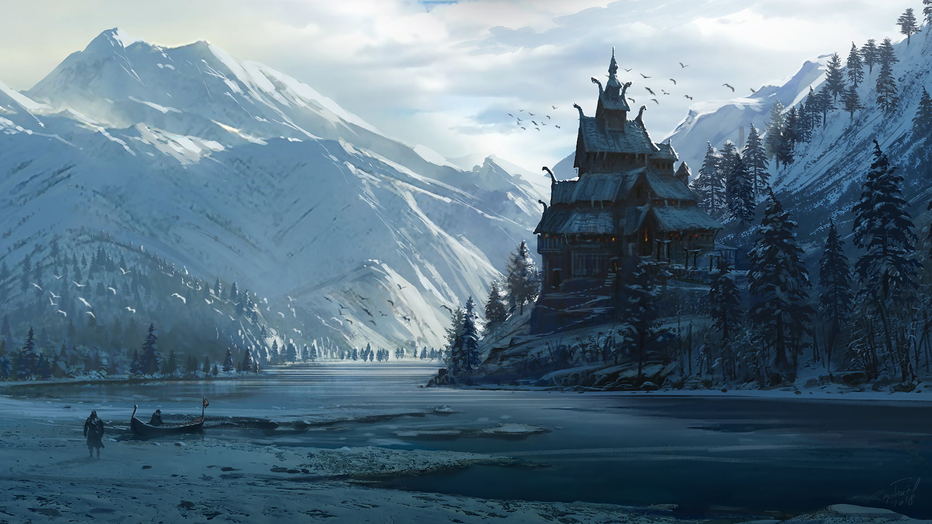 1080P, mountain chain, snow, digital art, building, trees, water, HD Wallpaper