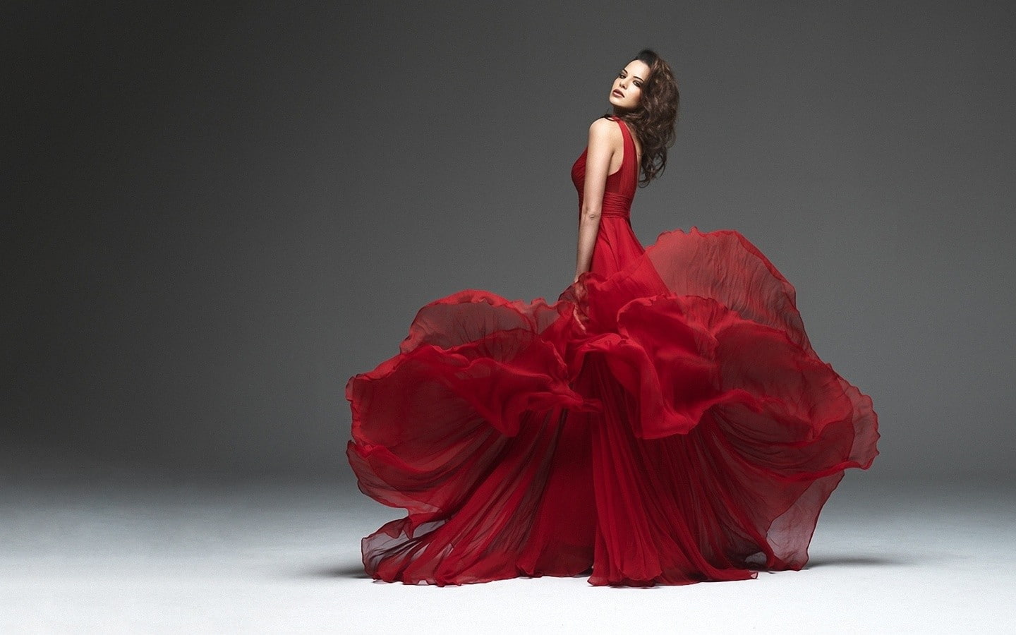 red dress, 720P, women, brunette, makeup, model, face, HD Wallpaper