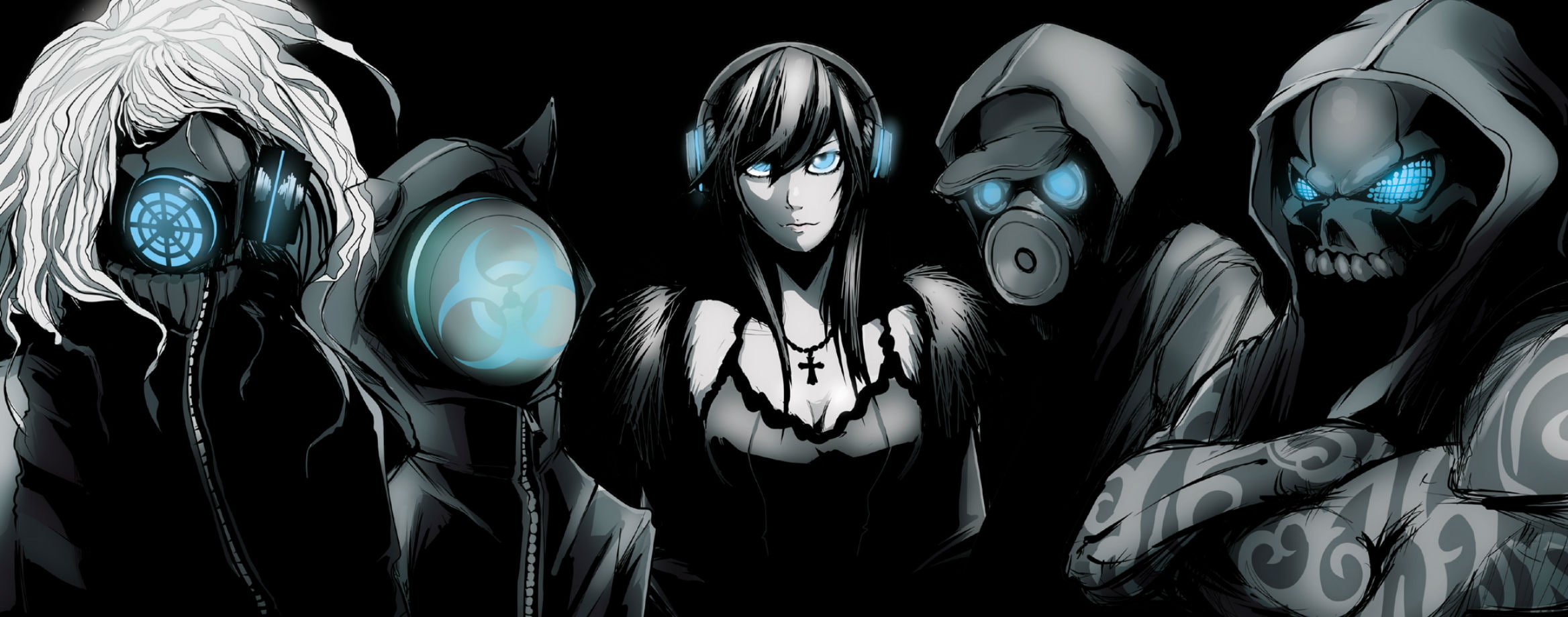 monochrome, eyes, mask, vocaloid, skull, jinbei, hat, necklace, luka, blue, megurine, cross, cleavage, tattoo, headphones, 1080P, HD Wallpaper
