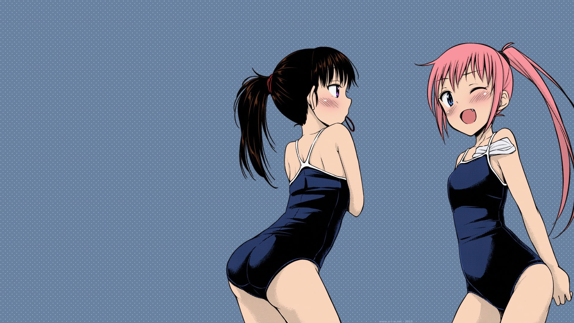 dark hair, mouth open, women, females, studio shot, two, suku nyou!, human body part, wearing, hairstyle, adult, emotion, girl, Tsuttsu, one-piece swimsuit, HD Wallpaper