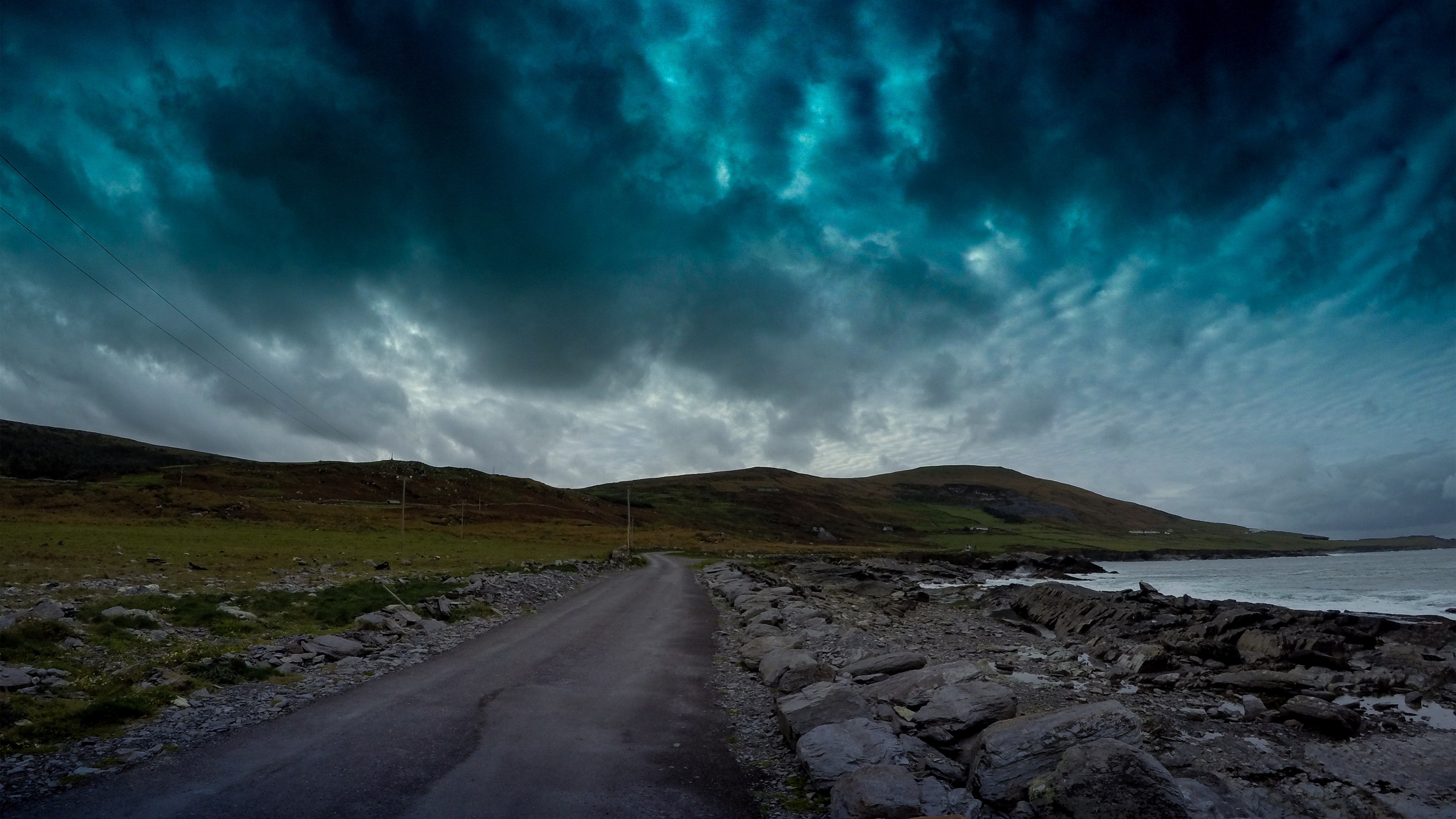 blue, 4K, dark, sky, road, Ireland, clouds, HD Wallpaper