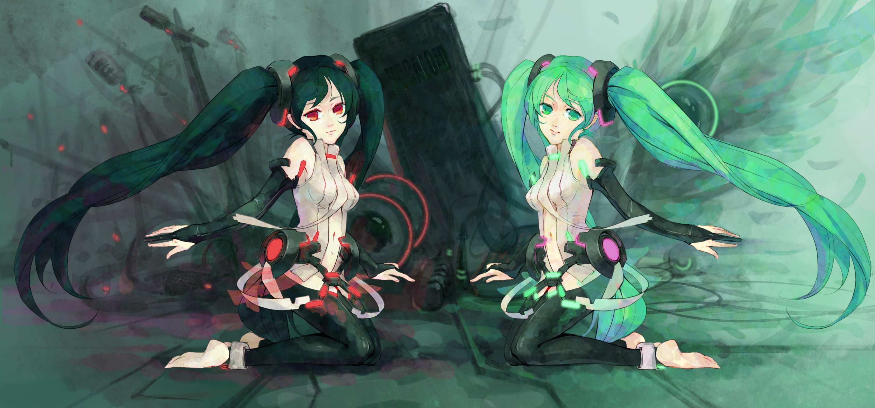 Zatsune Miku, science, no people, high angle view, close-up, wall - building feature, green hair, creativity, healthcare and medicine, Hatsune Miku, human representation, HD Wallpaper