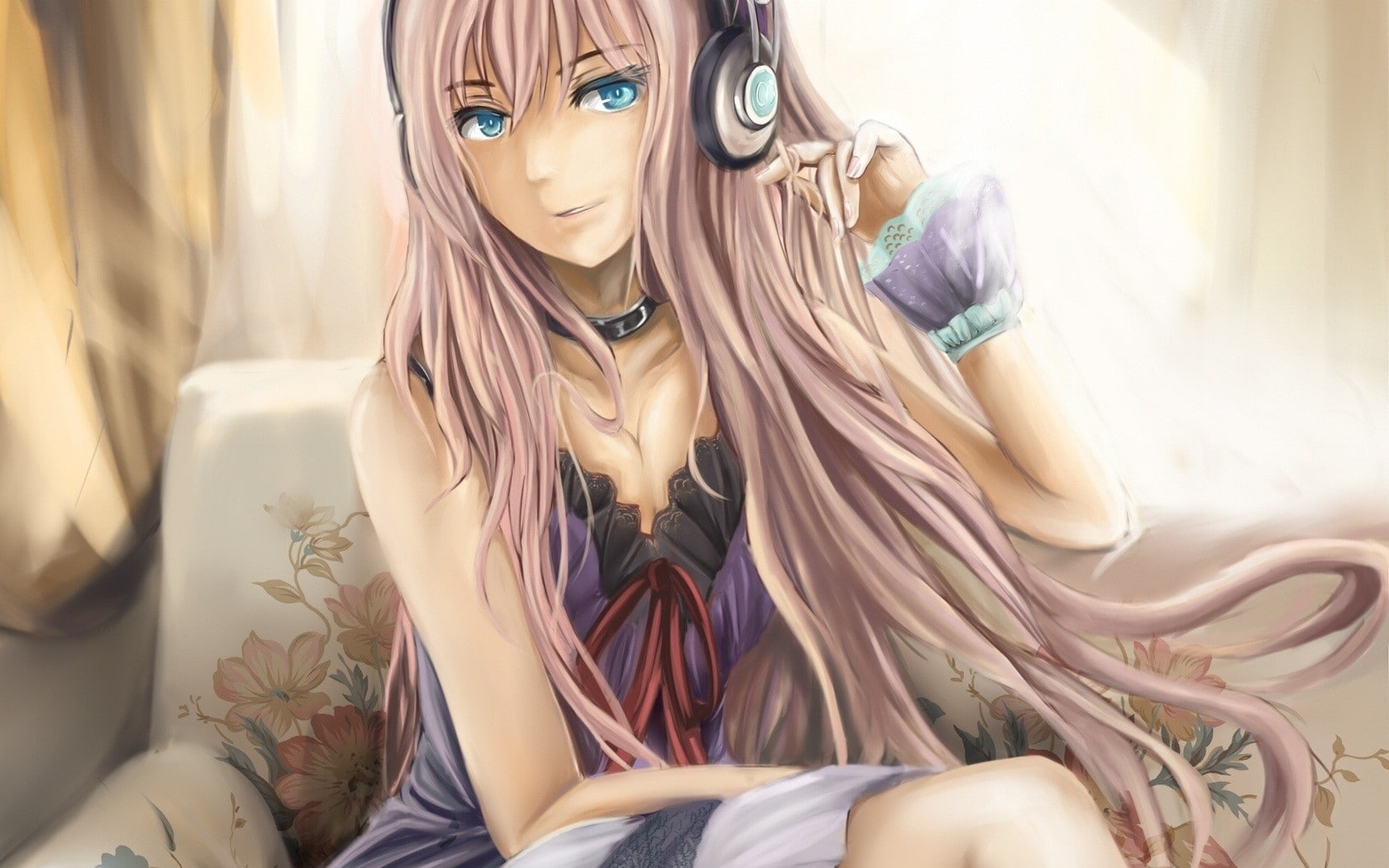 thigh, headphones, vocaloid, hot, zatsune, 720P, art, hd, highs, tie, twintails, girls, red, eyes, hatsune, anime, miku, HD Wallpaper
