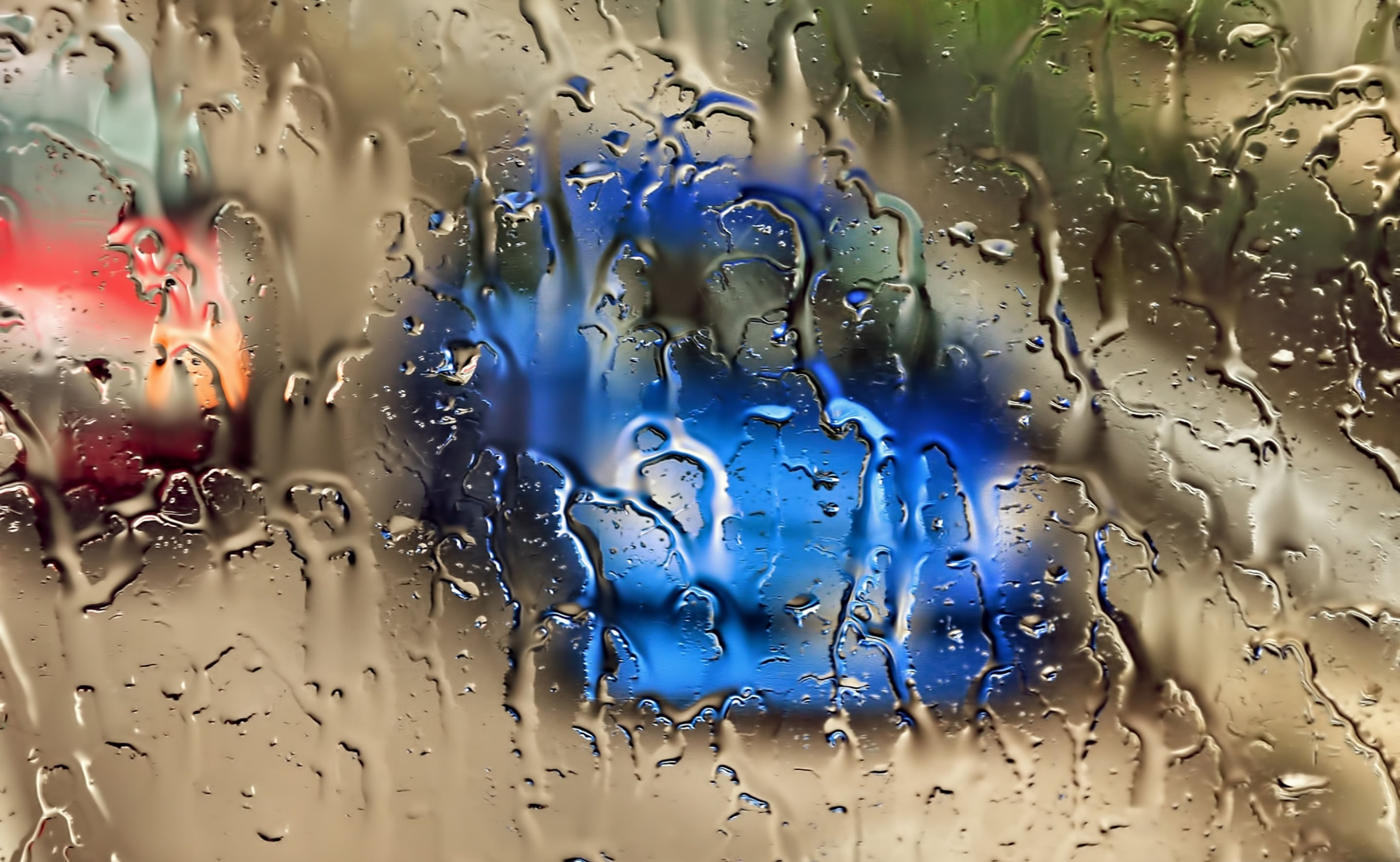 pattern, glass - material, backgrounds, wet, abstract, drop, close-up, rain, 2K, selective focus, raindrop, no people, indoors, blue, vehicle interior, HD Wallpaper